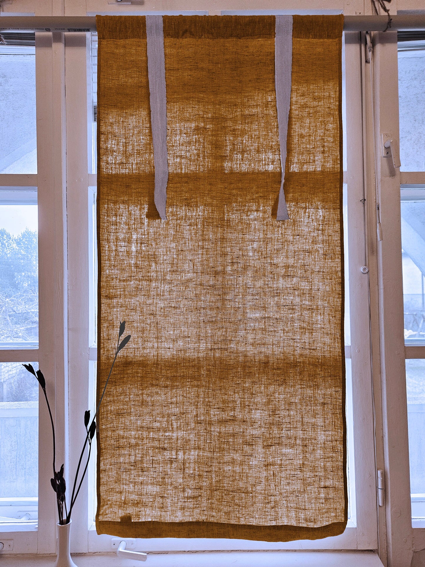 Linen curtains valance with tie up mustard yellow, farmhouse kitchen curtains in natural