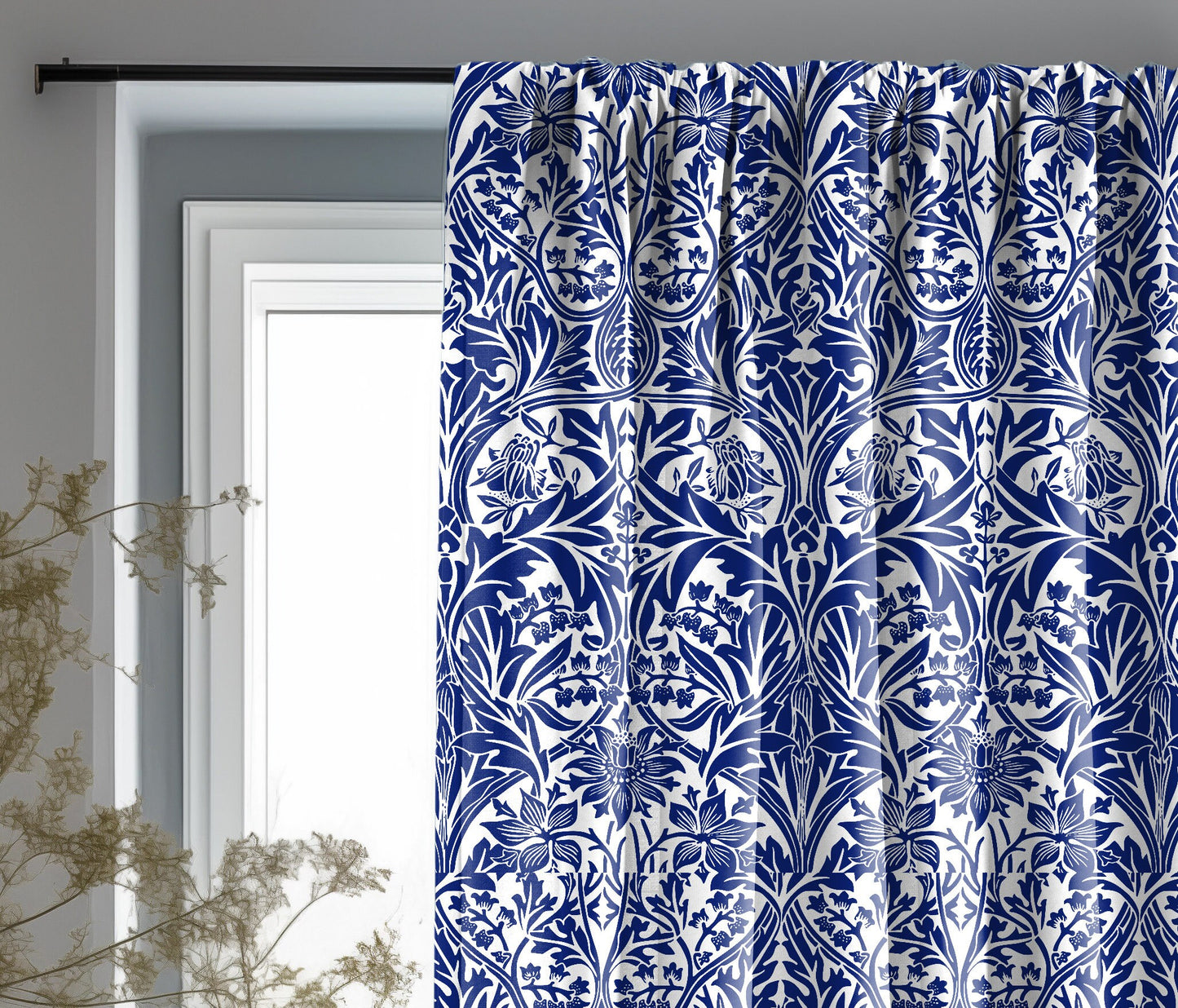 William Morris Curtain Panel Bluebell in green, Floral Botanical Blue Print Curtain Panels, Curtains for living room