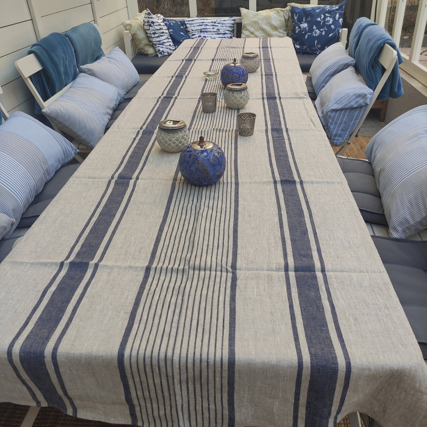 100% Linen tablecloth striped PREWASHED French table cloth rustic rectangle square oval Grey Blue country style Sack weave linen