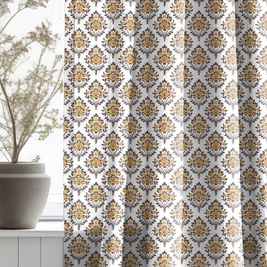 Modern vintage Curtains 100% Linen with botanical block print in green on white linen - kitchen Living room farmhouse linen window panel