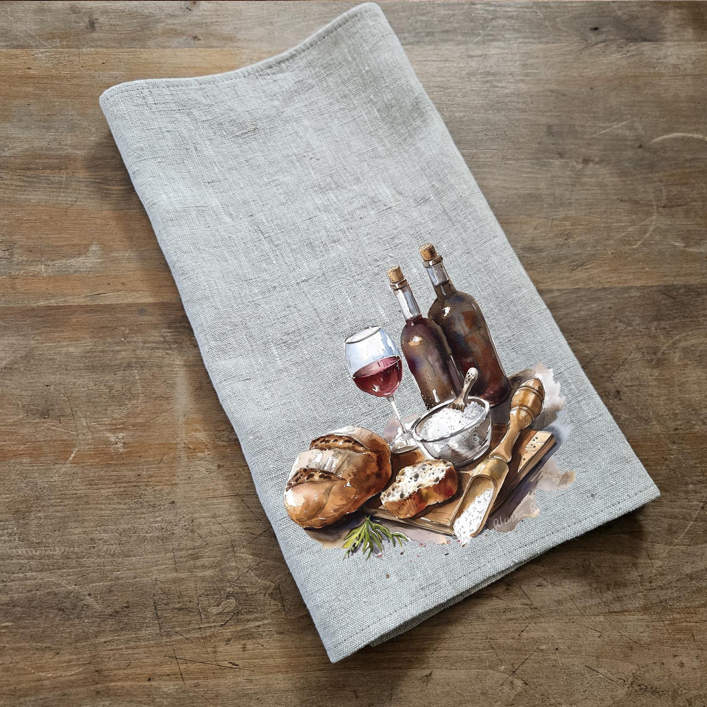 Bread & Wine Tea Towel in linen, Food lovers Hand Towels Tea, Farmhouse Dish Towel, Kitchen Décor Tea Towel