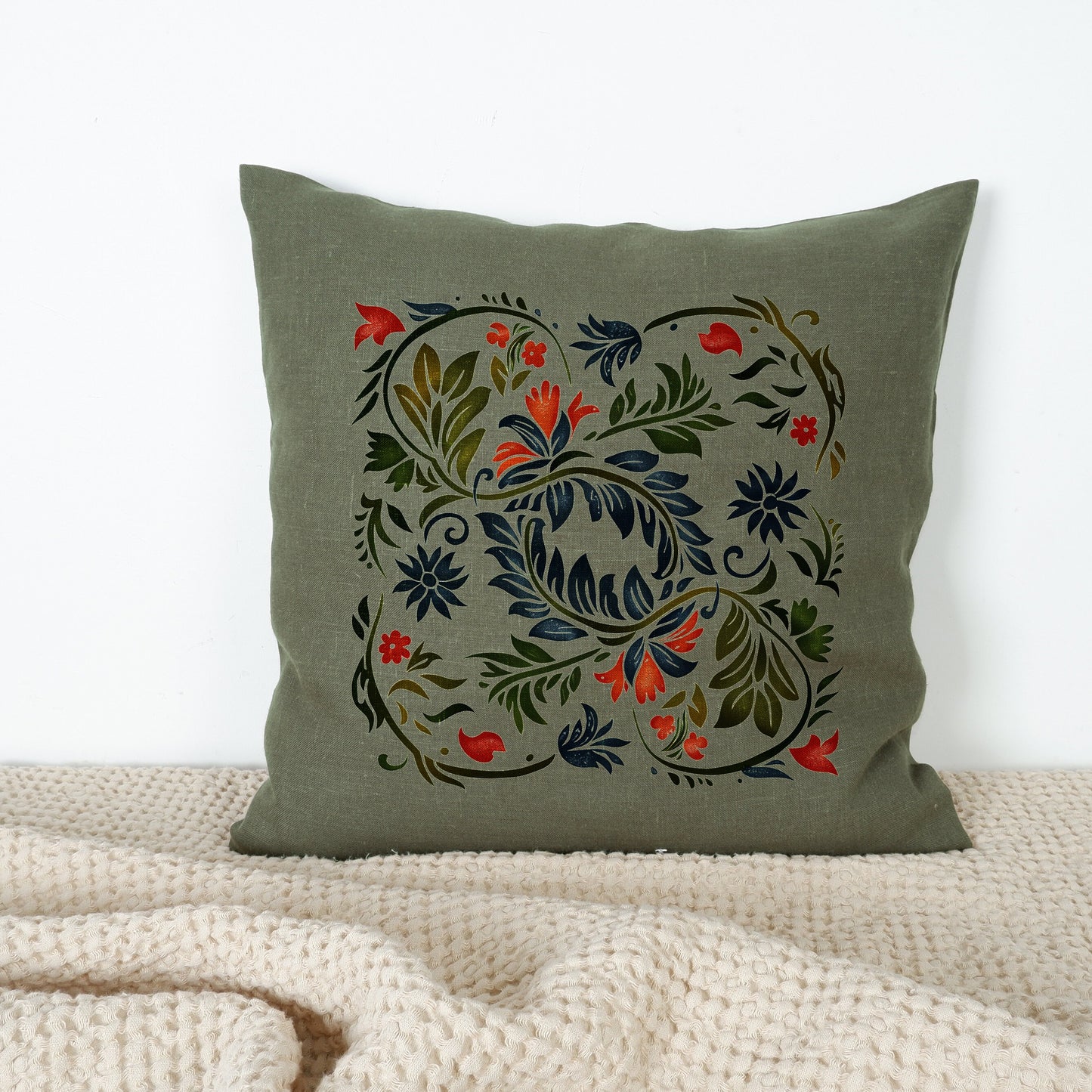 SALE LINEN Cushion cover with botanical print , decorative linen pillow cover with folk art print , Floral Housewarming Gift