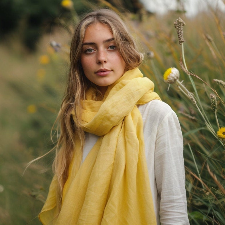 Linen Scarf in mustard yellow or others 40 colors, undyed organic pure linen scarf unisex. Gift ideas Pure linen Natural flax