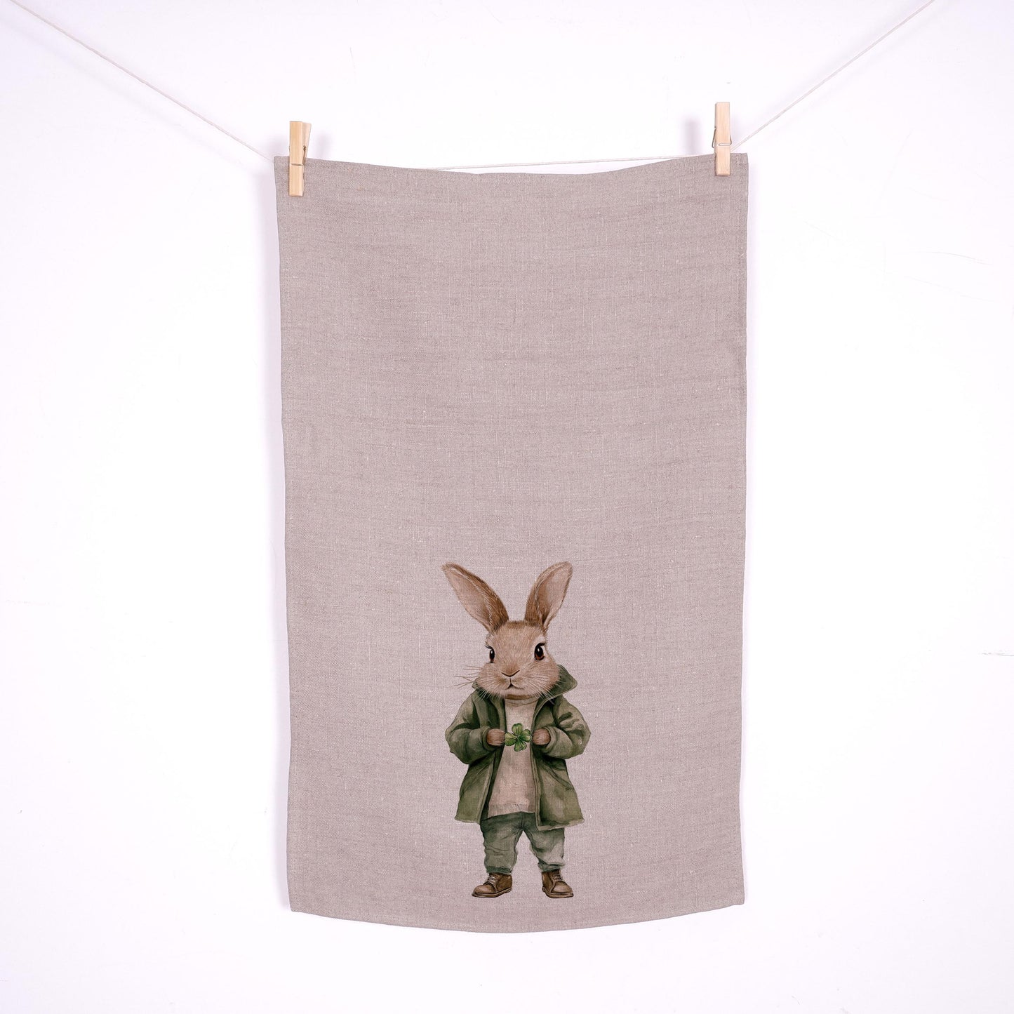 Bunny Floral Tea Towel in linen - rabbit with four clover Hand Towels Tea - Farmhouse Floral Dish Towel - Easter Décor Kitchen Tea Towel