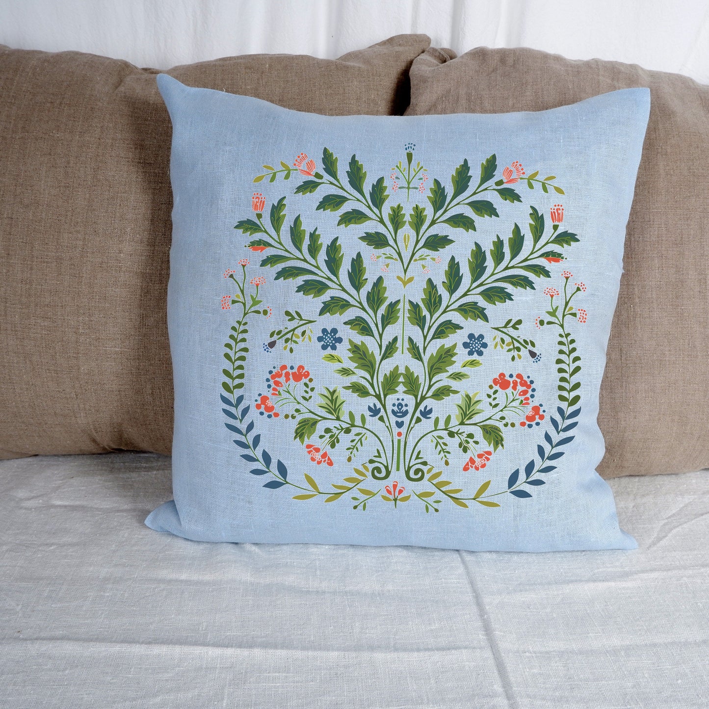 SALE LINEN Cushion cover with botanical folk art print , decorative linen pillow cover with floral print , Housewarming Gift