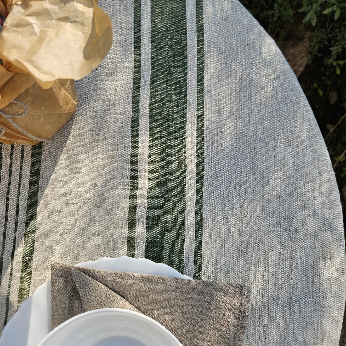 100% Linen Tablecloth in french Provance striped linen for Round table - Table cloth in Natural Linen in custom size neutral green stripes