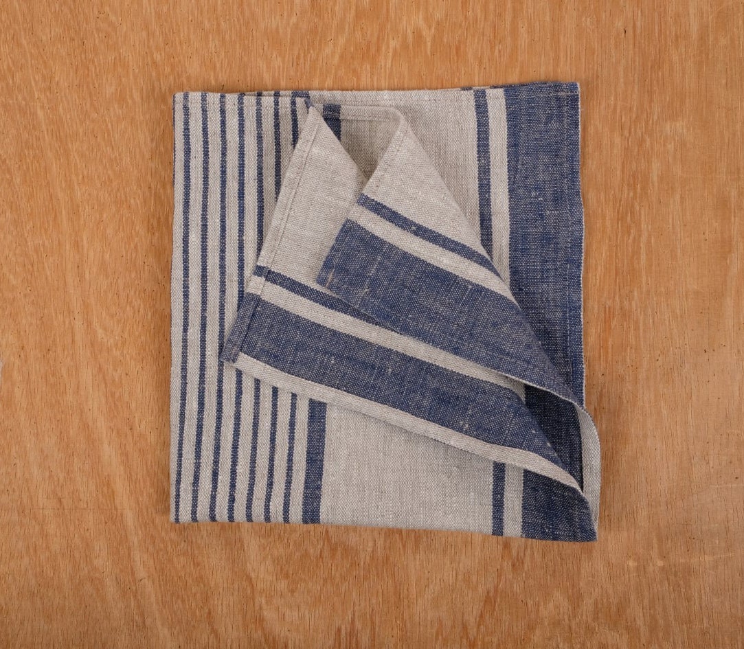 Linen napkins - grain sack French linen. Natural blue striped. Cottage coutry style. Set of linen napkins. Stonewashed cloth napkins