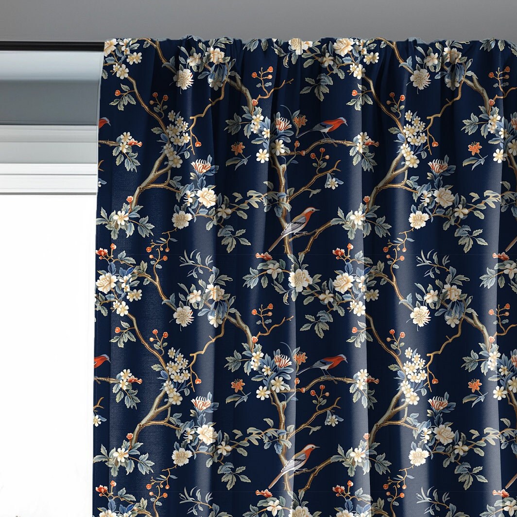 Linen floral Curtain Panels with toile de jouy print, Curtains for living room or bedroom in orange yellow, coutry house style curtains