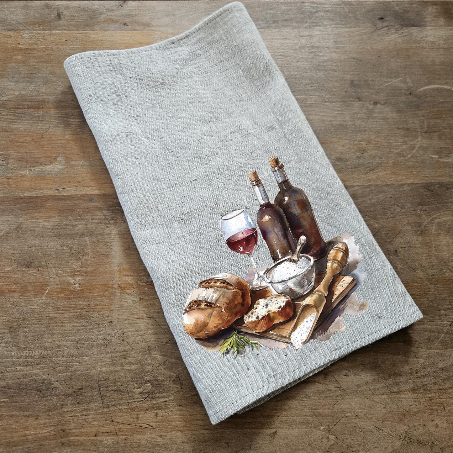 Bread & Wine Tea Towel in linen, Food lovers Hand Towels Tea, Farmhouse Dish Towel, Kitchen Décor Tea Towel
