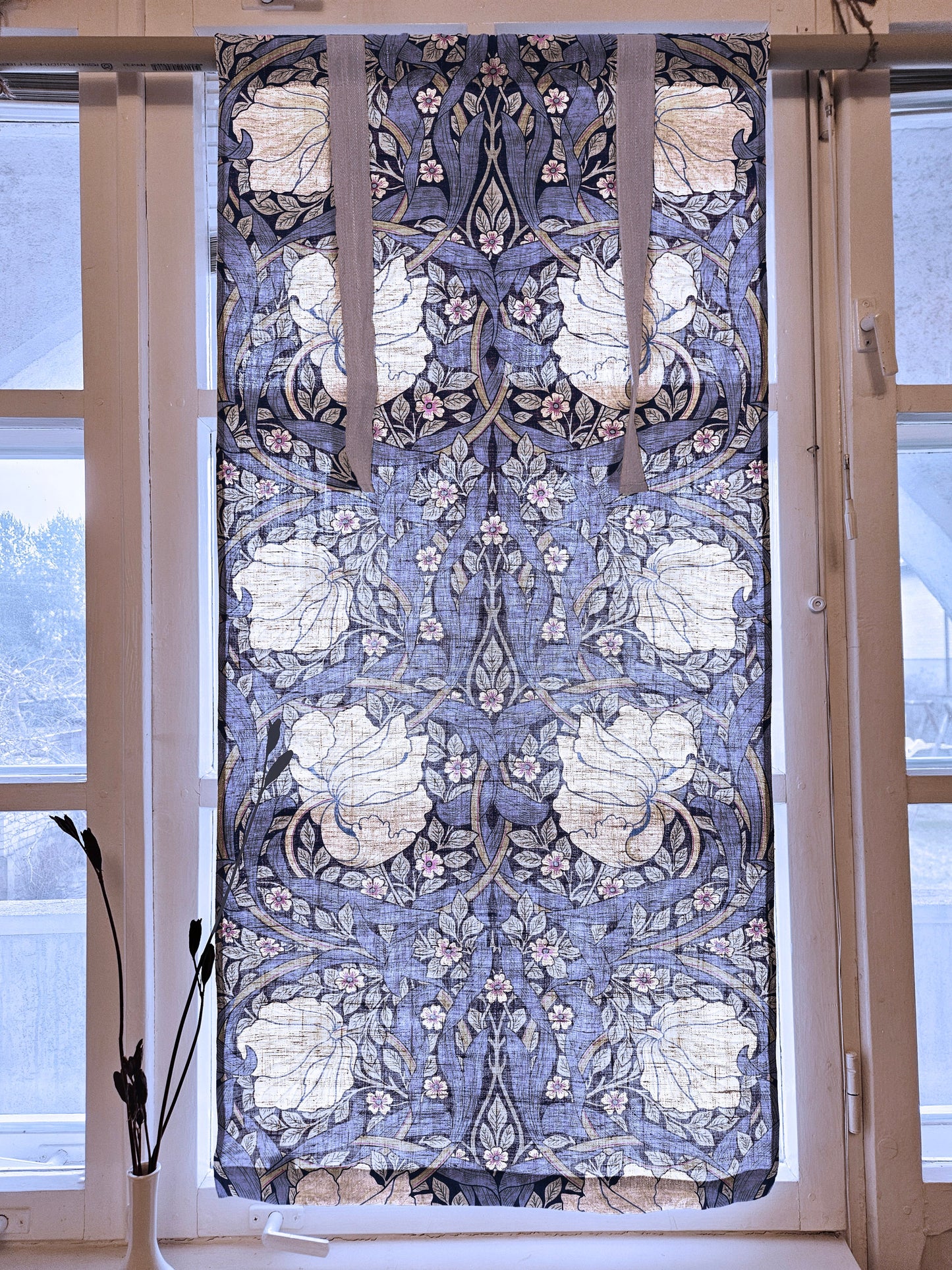 Linen curtains valance with tie up William Morris Pimpernel, farmhouse kitchen curtains in natural, door curtains with ties in custom size