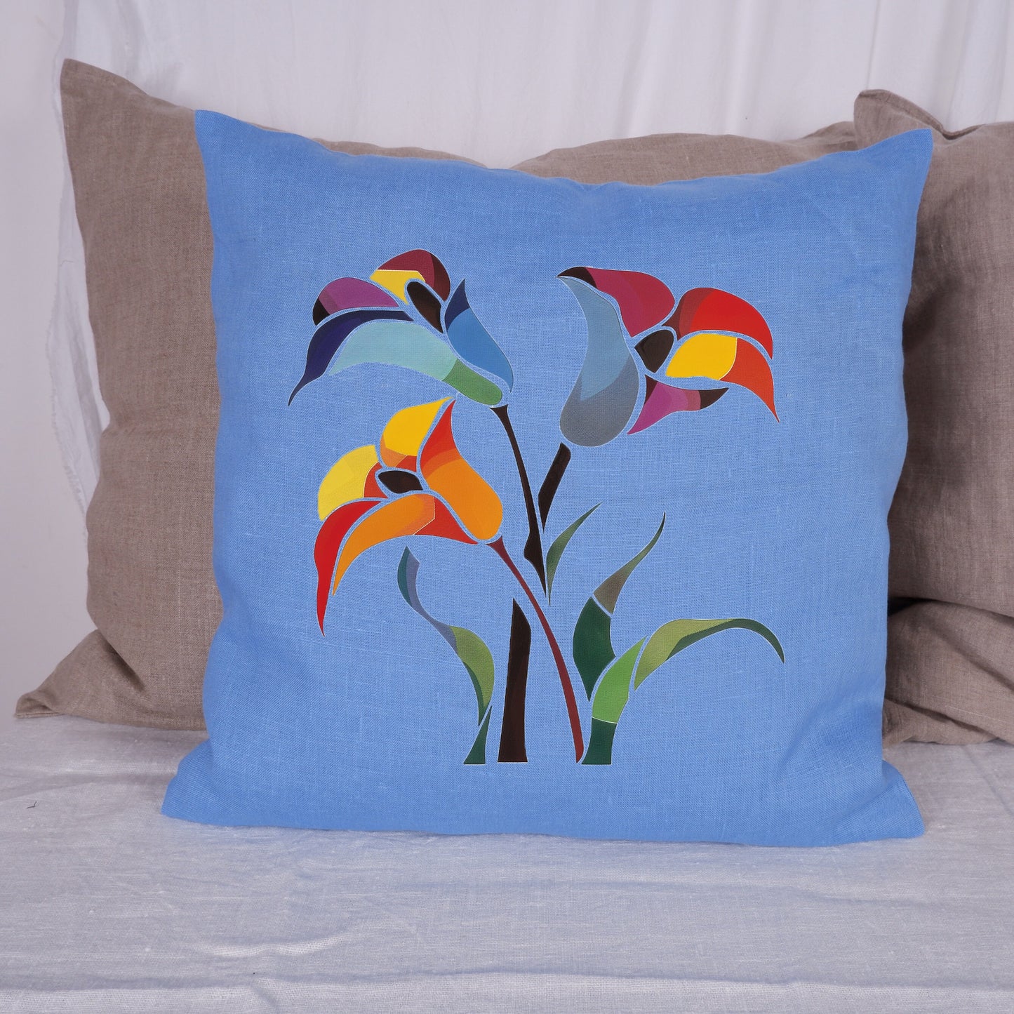 SALE LINEN Cushion cover with tulips print for contempory style , decorative linen pillow cover with art print, Housewarming Gift