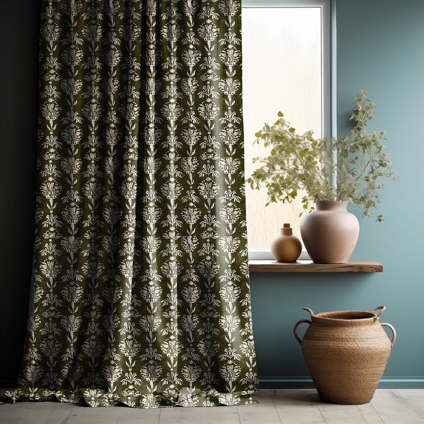 Designer green Floral Linen curtains, olive green Boho curtain panel, Farmhouse Block printed curtains for living room