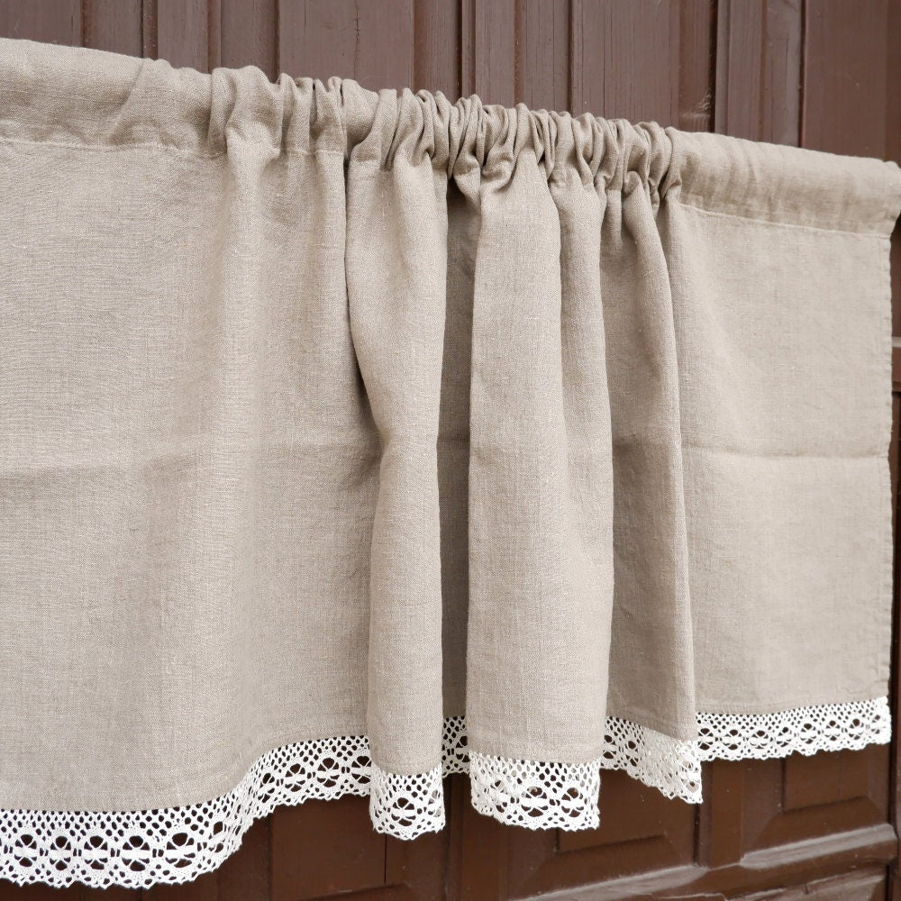 Custom size Valance natural with laces, Farmhouse Pure linen window treatment, Living room Cafe Kitchen window panel, farmhouse curtains