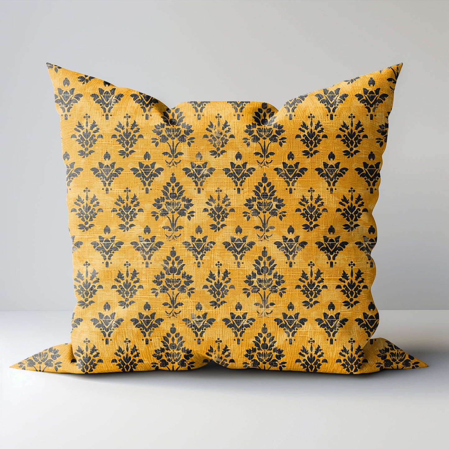 Designer Mustard yellow Floral on Linen Pillow Cover, white yellow mustard Boho Pillow, Farmhouse Floral Block printed pillow on flax