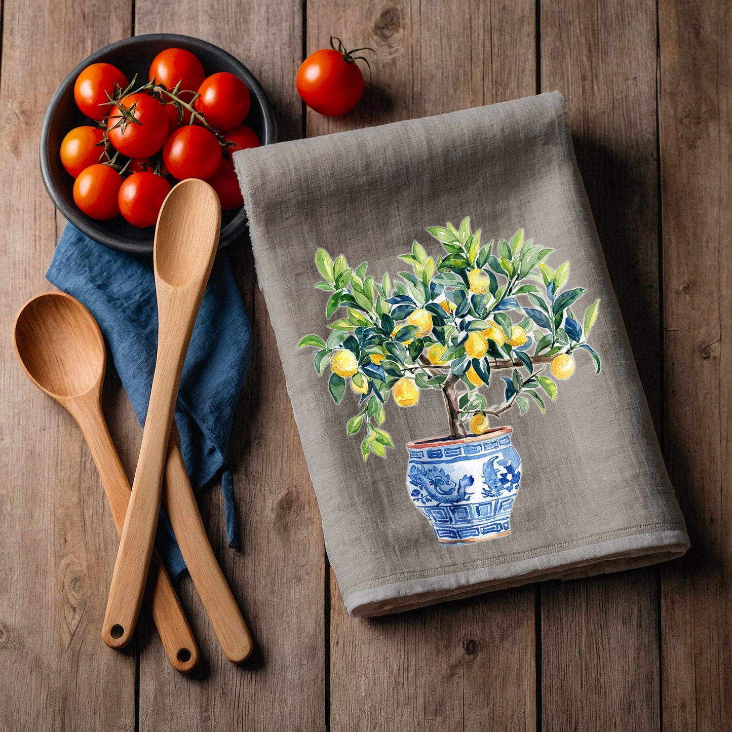 Evergreen in chinoise pot Tea Towel in linen, floral Hand Towels Tea, botanical Floral Dish Towel, Floral Kitchen Décor Tea Towel