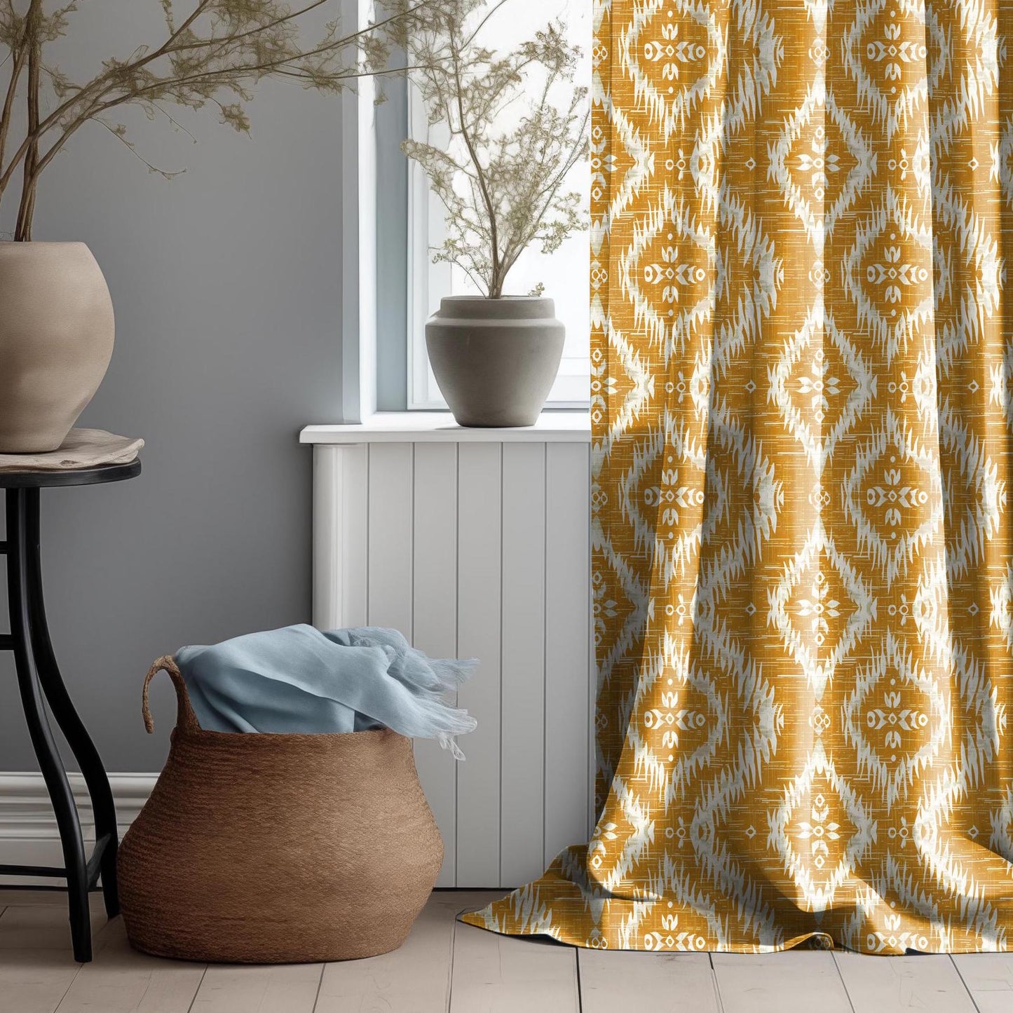 Curtains 100% Linen with ikat print mustard yellow pattern PREWASHED - kitchen Living room farmhouse linen window panel