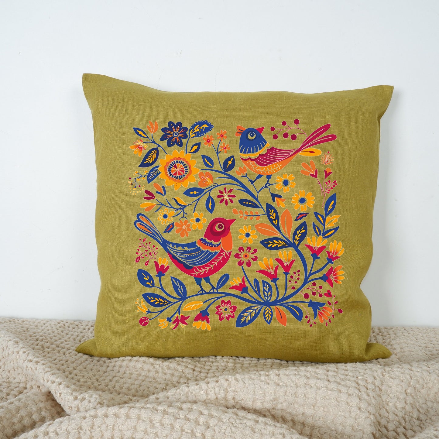 SALE LINEN Cushion cover Nordic folk art beige , decorative linen pillow cover , Floral Summer Woodland Cushion Housewarming Gift