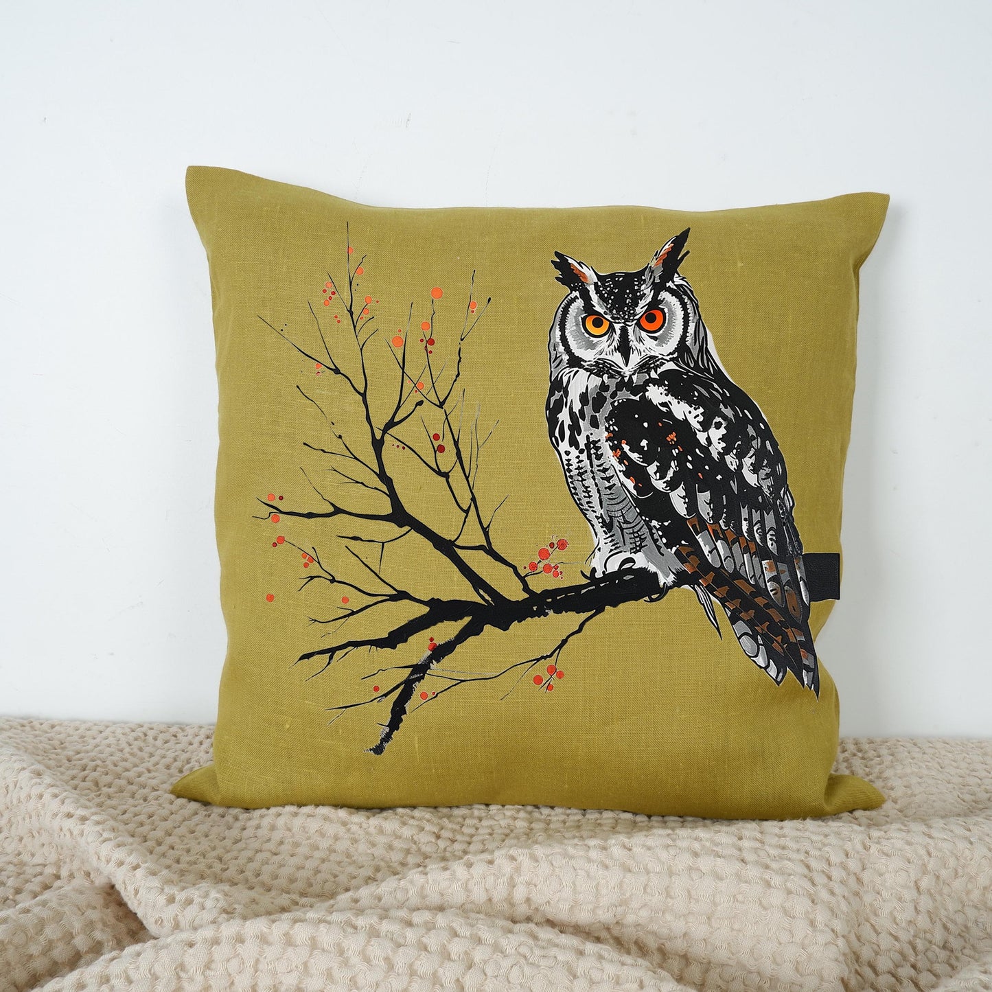 LINEN Cushion cover Nordic folk art with Owl, Owl decorative linen pillow cover , Bird decor Cushion Housewarming Gift