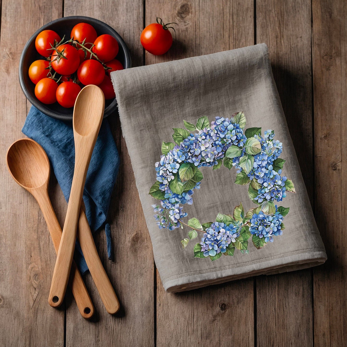 Hydrangea Tea Towel in linen, floral Hand Towels Tea, botanical Floral Dish Towel, Floral Kitchen Décor Tea Towel