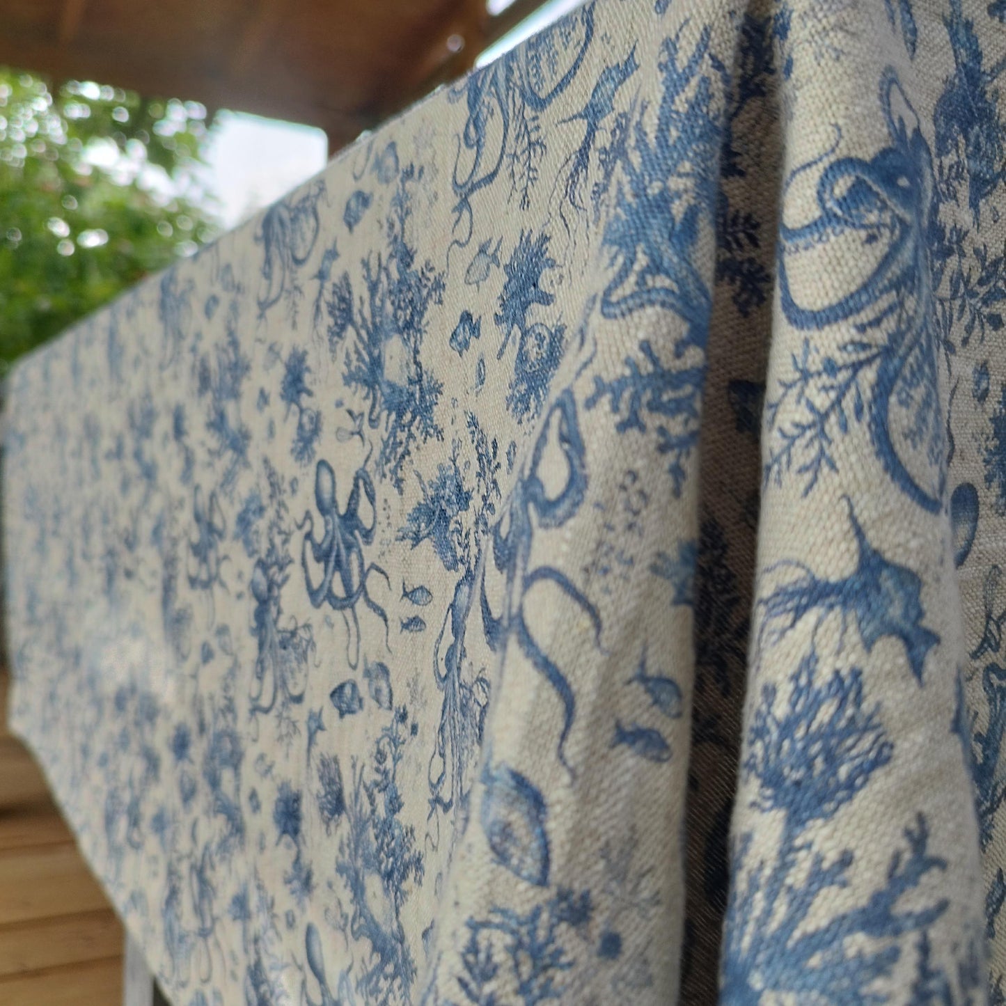 100% Linen tablecloth Blue Coastal with octopus print - French Coastal Vintage table cloth - Nautical indigo Blue Toile de jouy linen