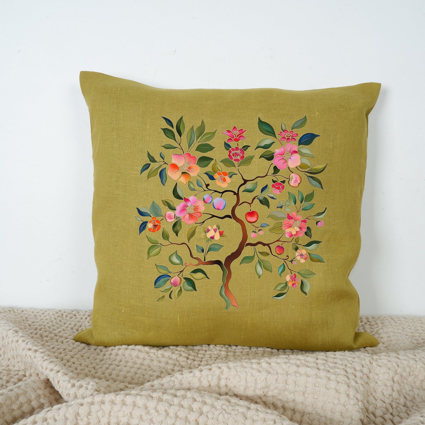 SALE LINEN Cushion cover Nordic folk art in beige, decorative linen pillow cover , Floral Summer Woodland Cushion Housewarming Gift