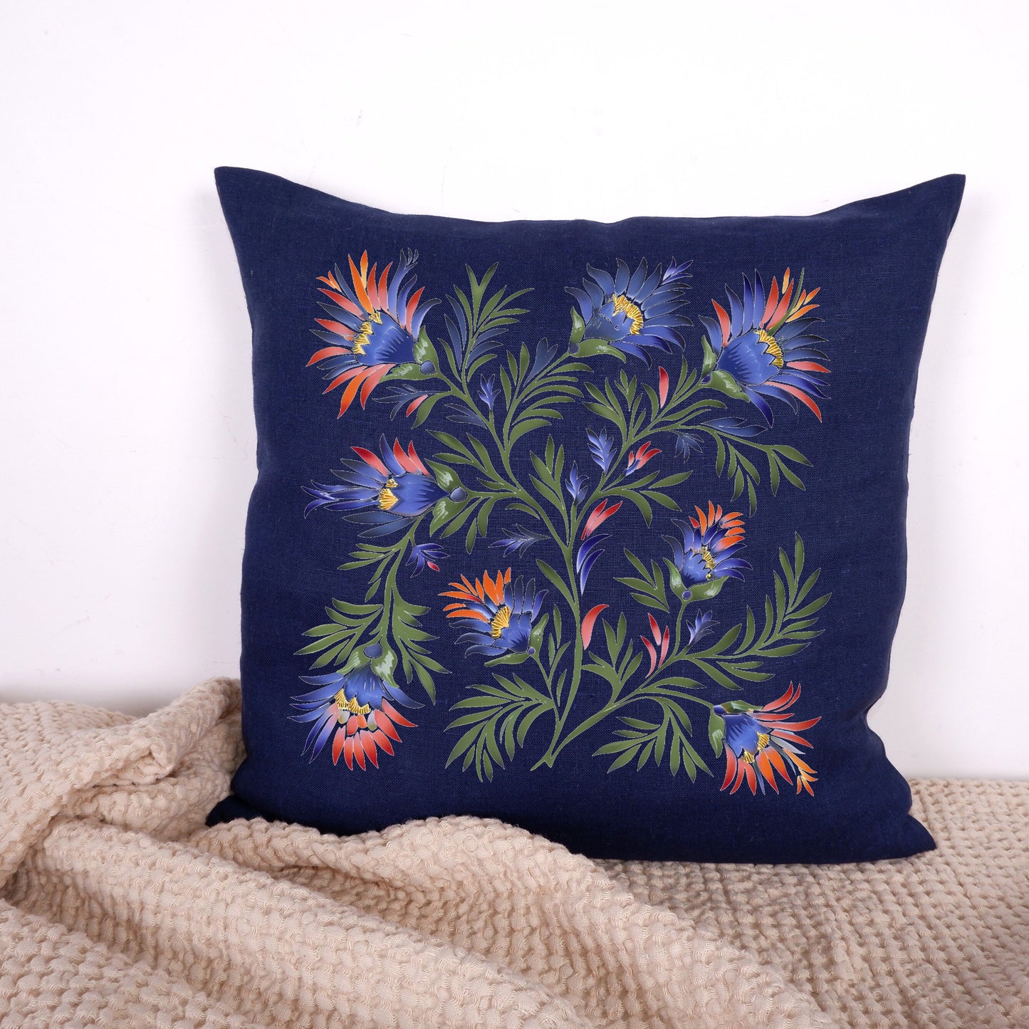 SALE LINEN Cushion cover with botanical print , decorative linen pillow cover with folk art print , Floral Housewarming Gift