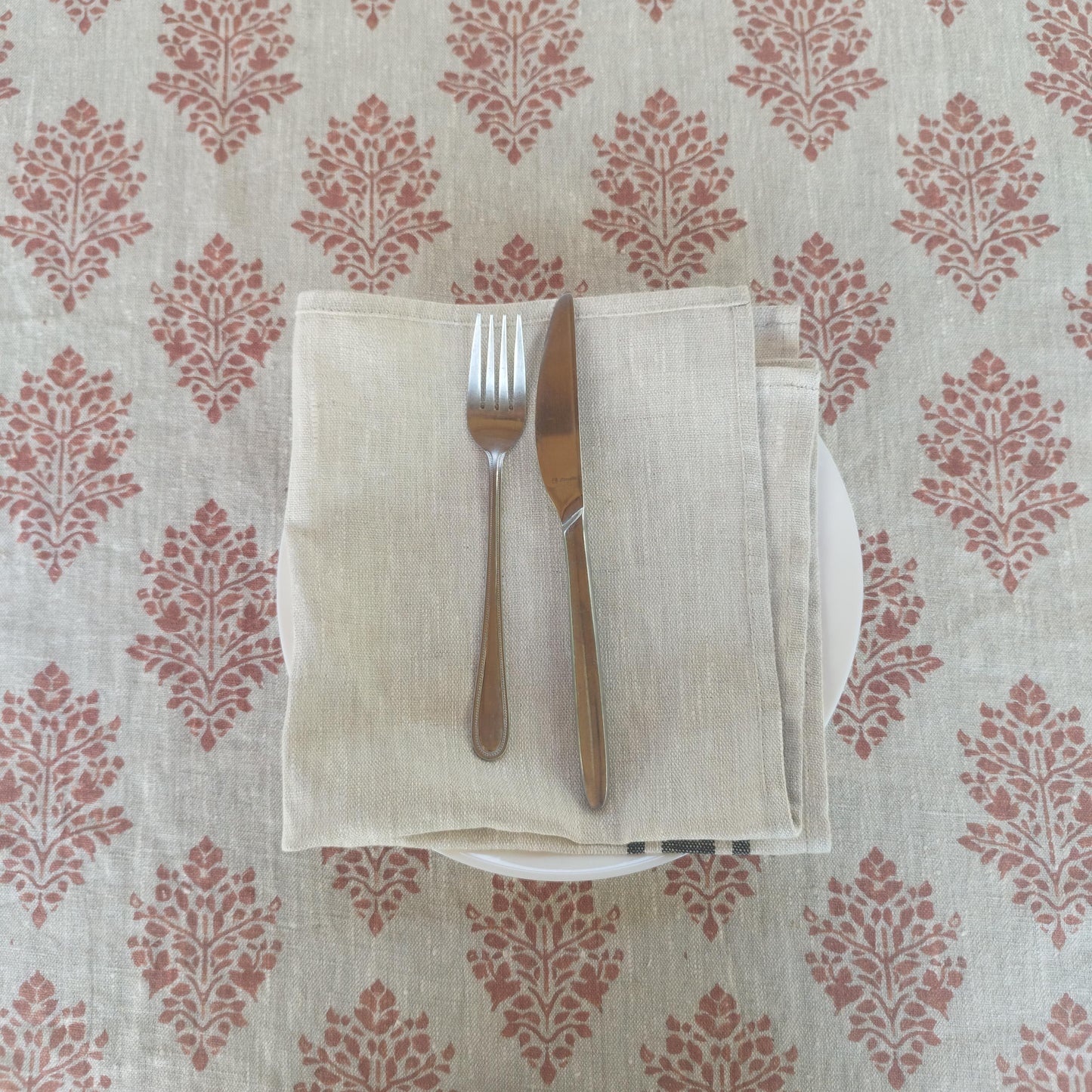Linen foral tablecloth with red block print flowers, French Retro Vintage Vibe table cloth Bohemian Wildflower Pattern