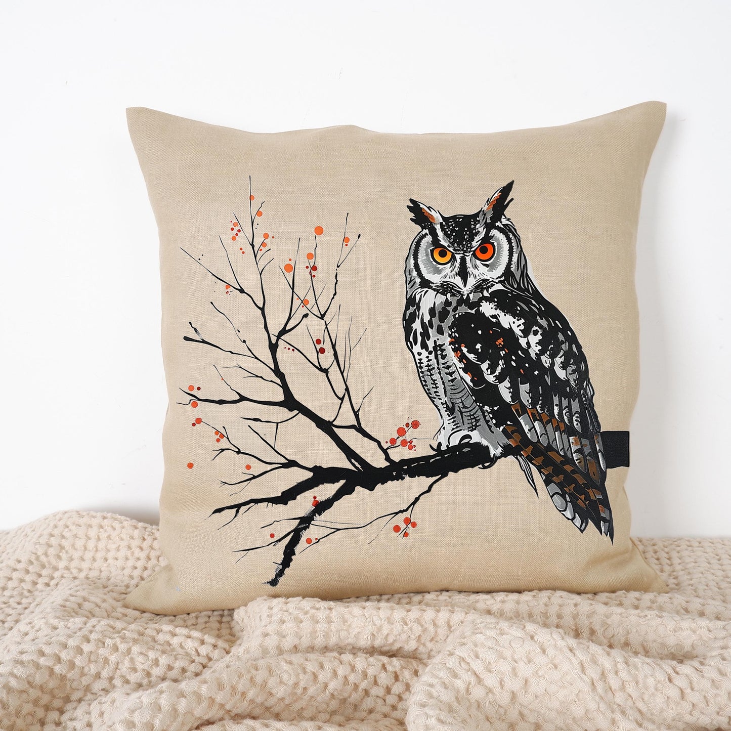 LINEN Cushion cover Nordic folk art with Owl, Owl decorative linen pillow cover , Bird decor Cushion Housewarming Gift