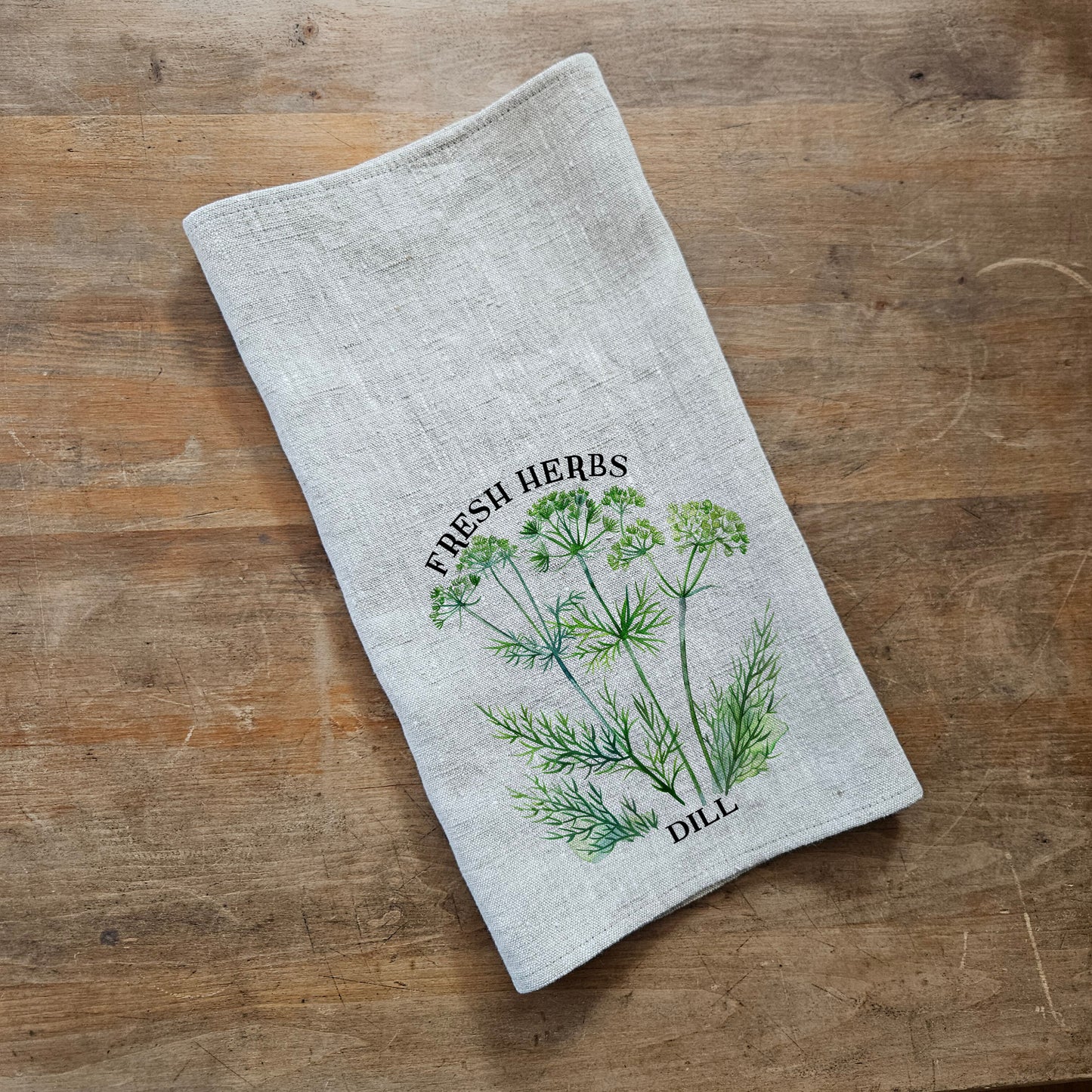 Dill blommig kökshandduk i linne, handdukar för te, bondgårdsblommig kökshandduk, grön blommig köksdekor, blommig kökshandduk