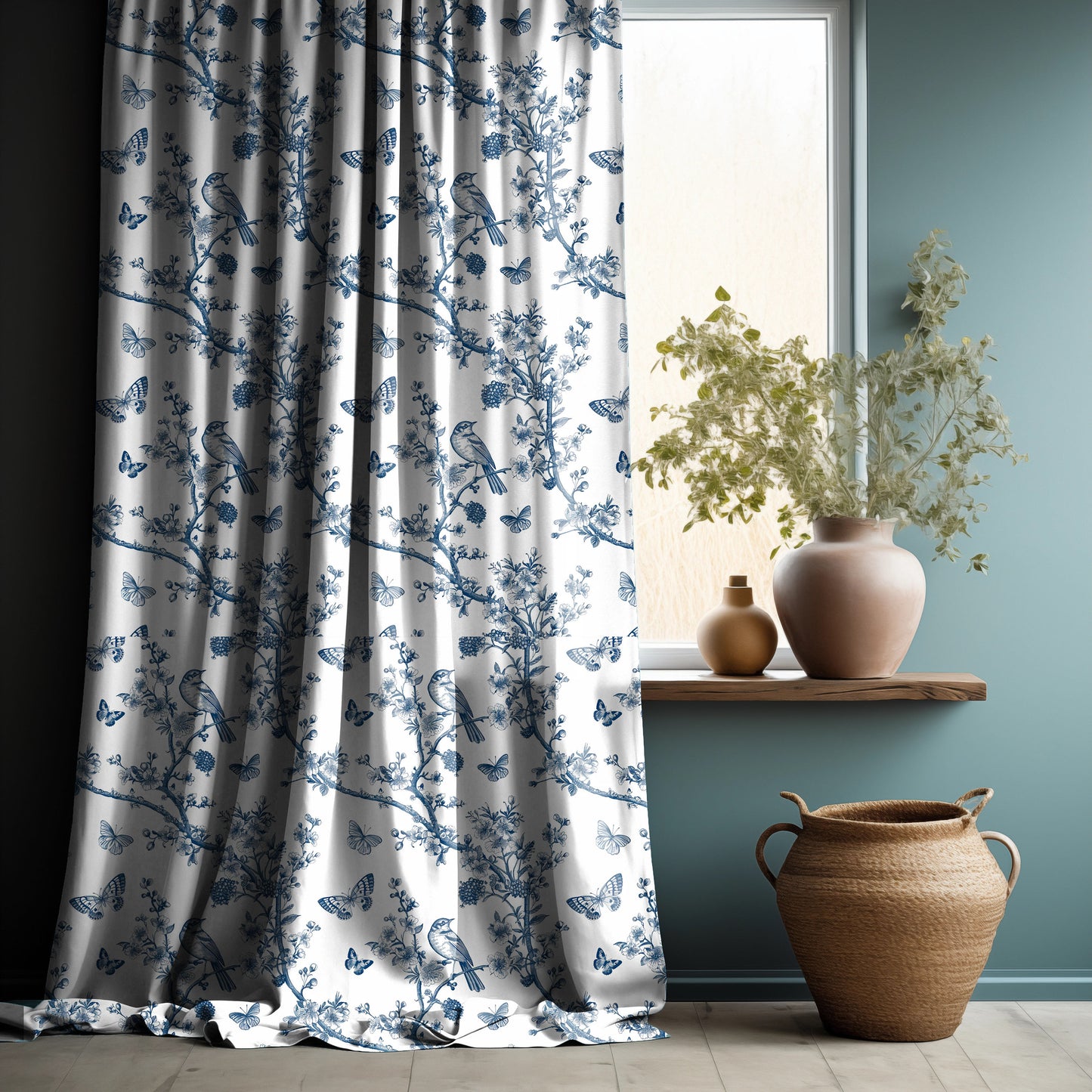 Designer green Floral Linen curtains - green French Toile de Jouy curtain panel - Farmhouse Botanical curtains for living room