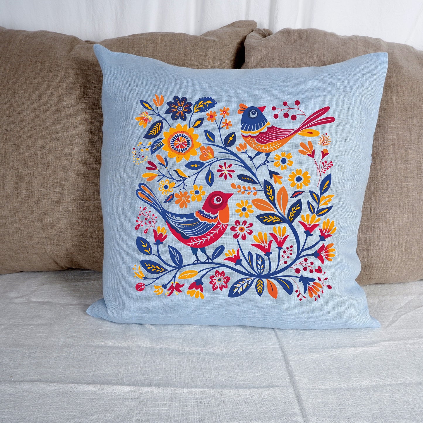 SALE LINEN Cushion cover Nordic folk art beige , decorative linen pillow cover , Floral Summer Woodland Cushion Housewarming Gift