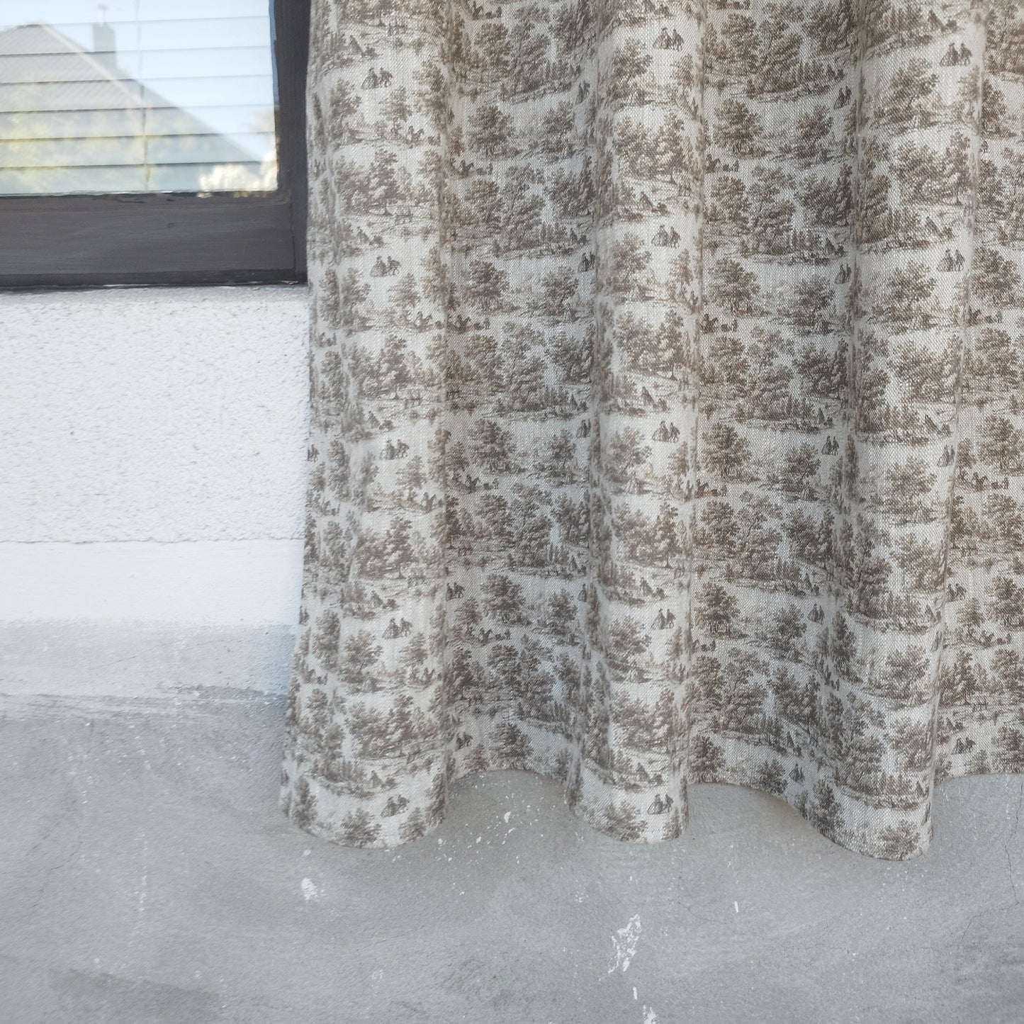 Curtains 100% Linen with brown toile de jouy print PREWASHED. kitchen Living room farmhouse linen window panel