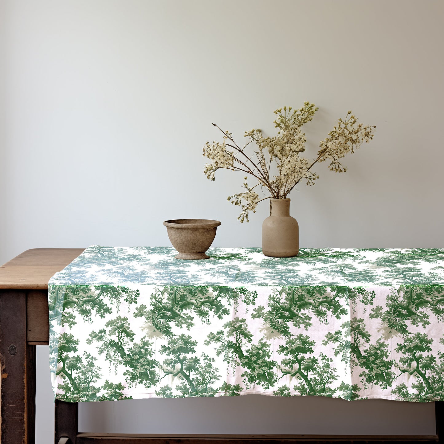 Designer Floral Linen tablecloth Toile de jouy in mustard, botanical tablecloth with trees and birds