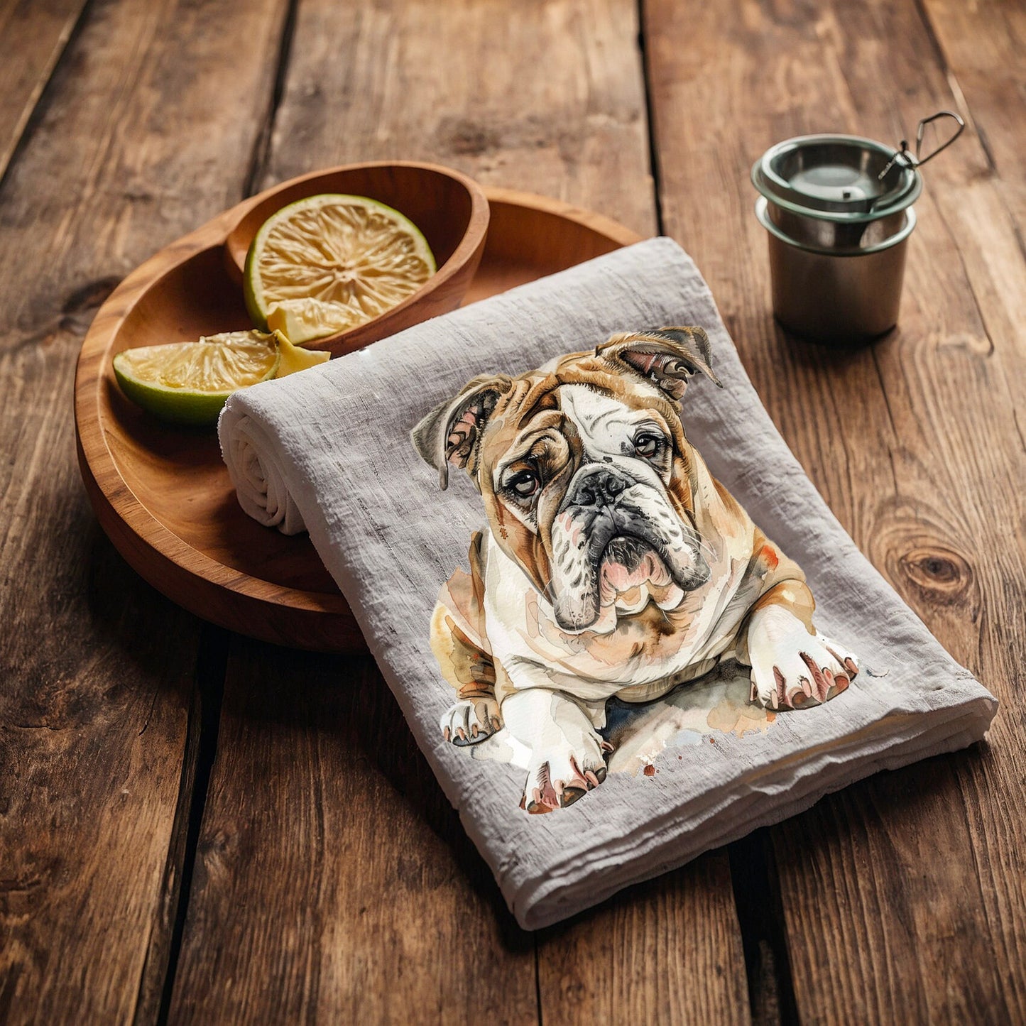 Buldog Tea Towel in linen, Dog lovers Hand Towels Tea, Farmhouse Dish Towel, Kitchen Décor Tea Towel