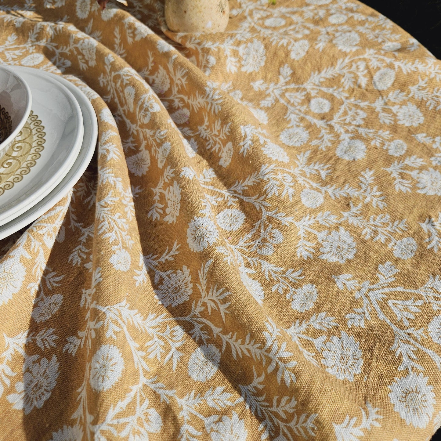 Linen foral tablecloth in mustard black print floral, Sophisticated designer contemporary tablecloth in linen