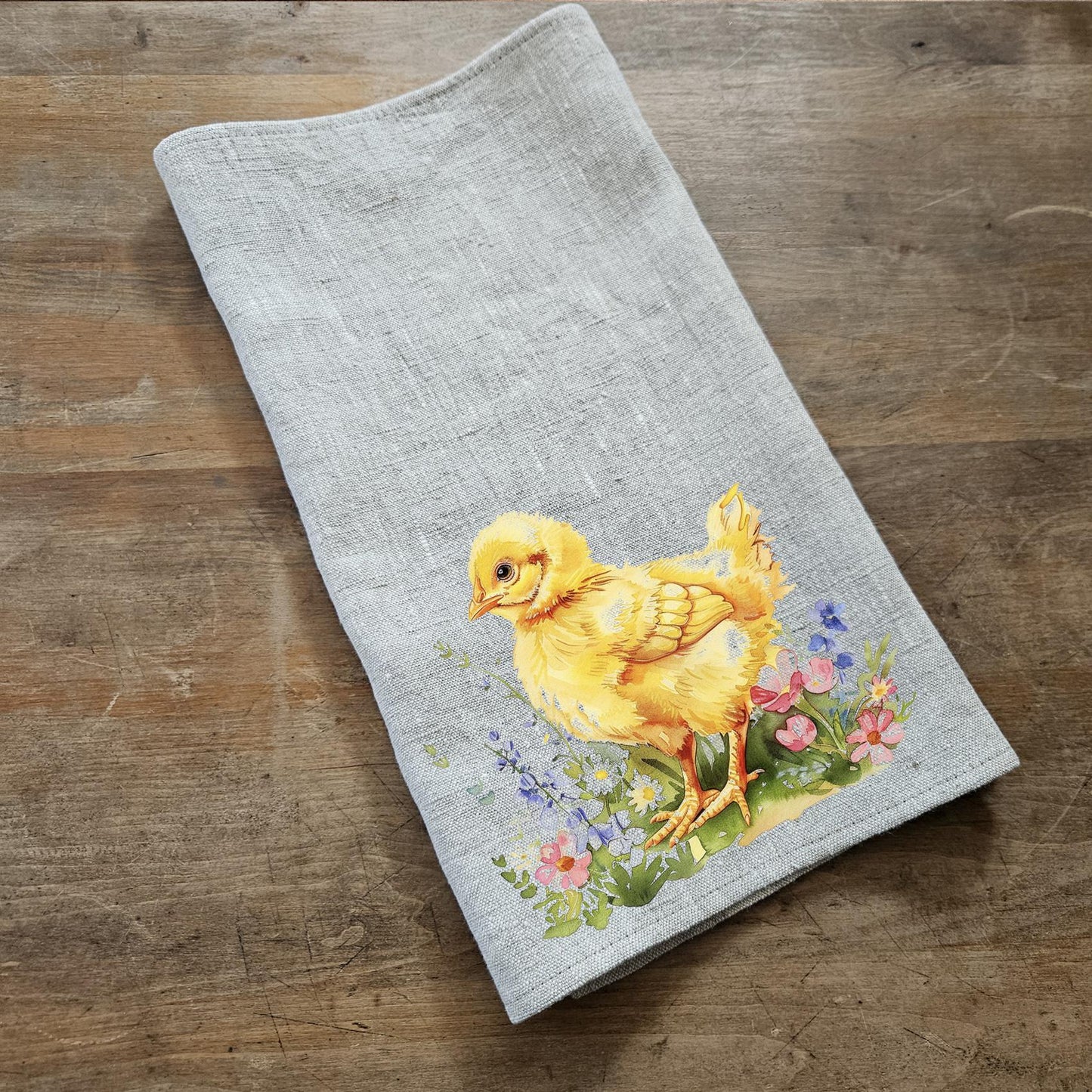 Little Chicken Floral Tea Towel in linen - Easter Hand Towels Tea - Farmhouse Floral Dish Towel - Kitchen Décor Easter Kitchen Tea Towel