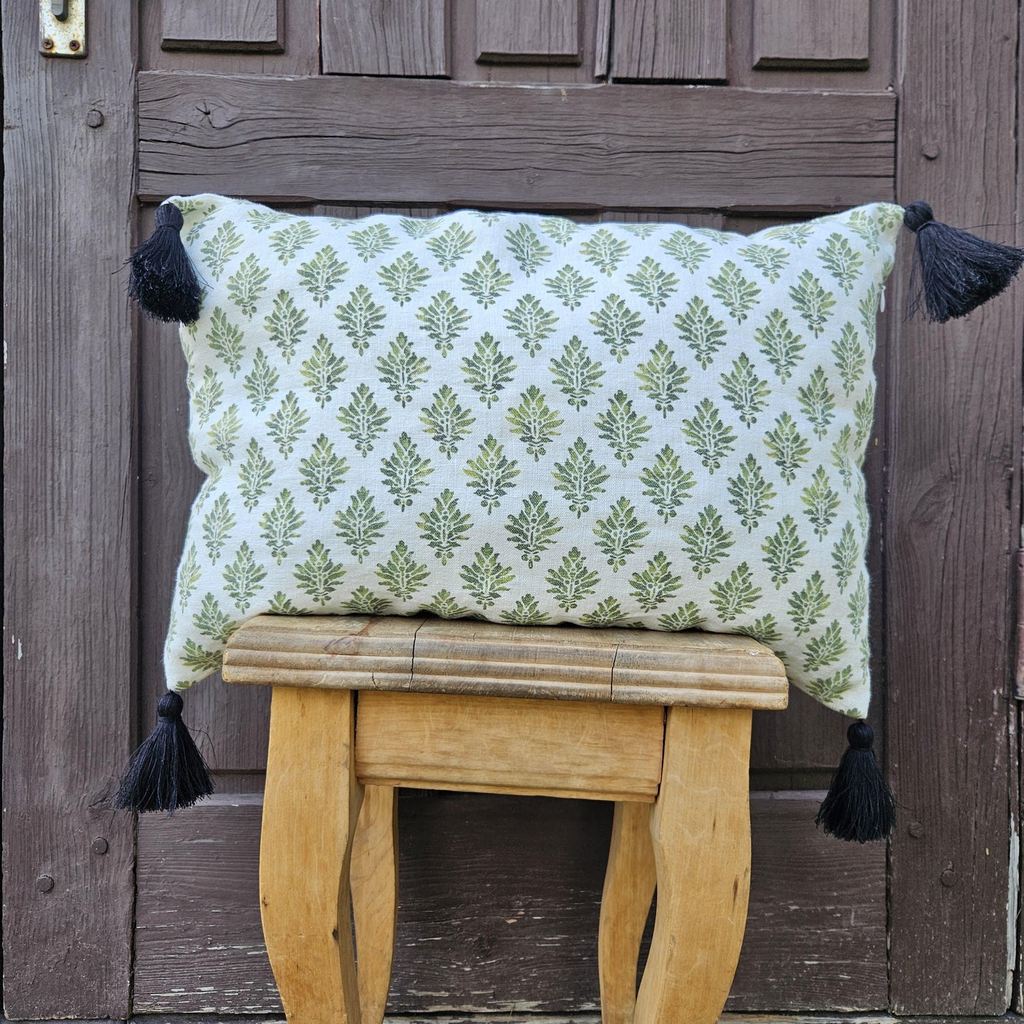 Designer Blovk print Floral on Linen Pillow Cover wiht pompons - white green Boho Pillow - Farmhouse Floral Block printed pillow on flax