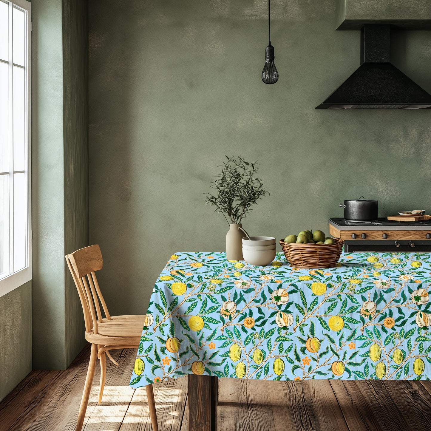 Linen placemat or tablecloth William Morris Pomegranate print in blue - Victorian table cloth Bohemian on natural linen with floral print