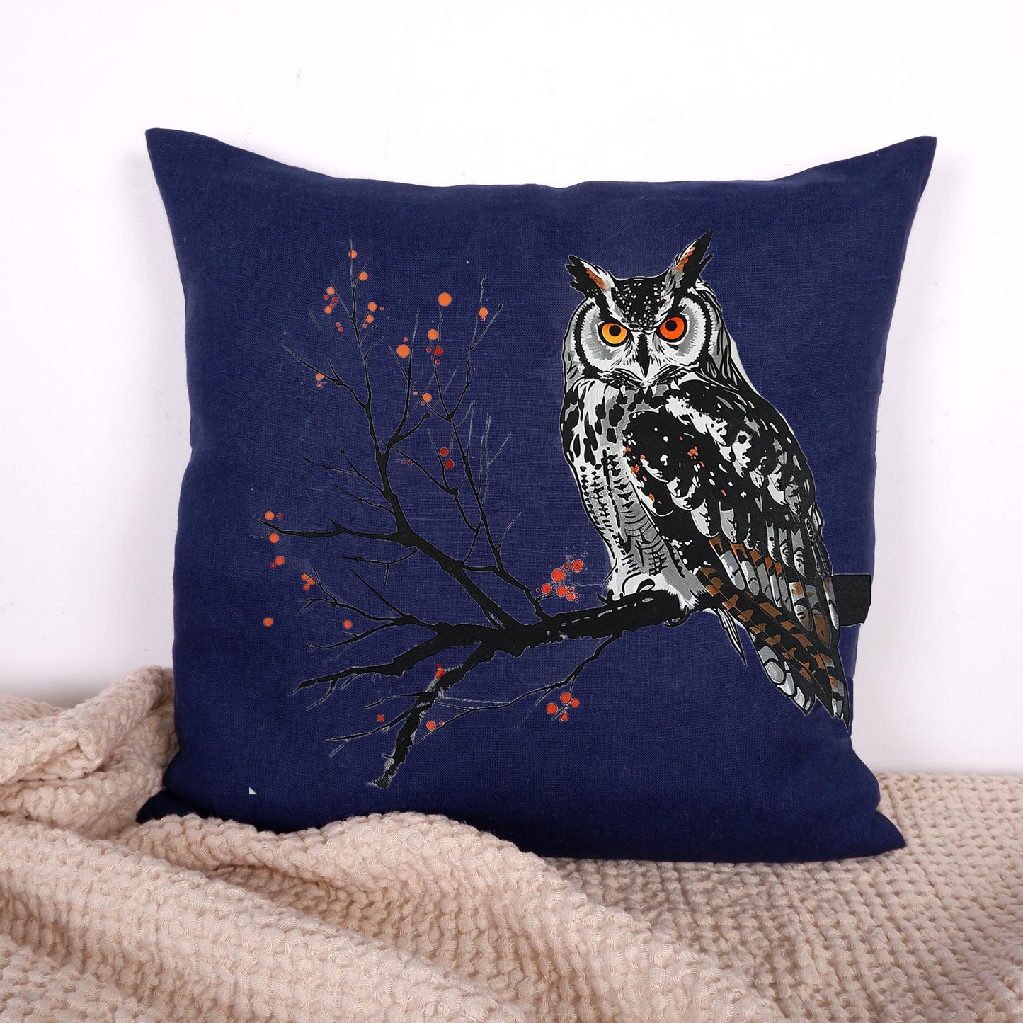 LINEN Cushion cover Nordic folk art with Owl, Owl decorative linen pillow cover , Bird decor Cushion Housewarming Gift