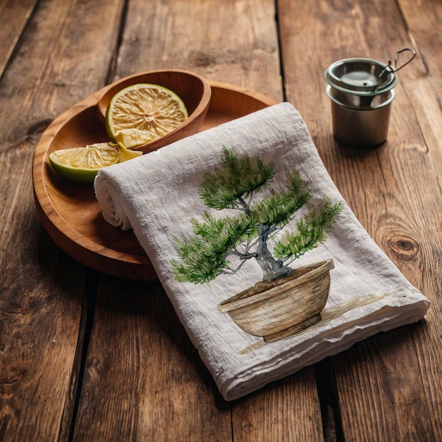 Tea Towel in linen Bonsai, Greenery white Hand Towels Tea, Farmhouse Dish Towel, Kitchen Décor Tea Towel