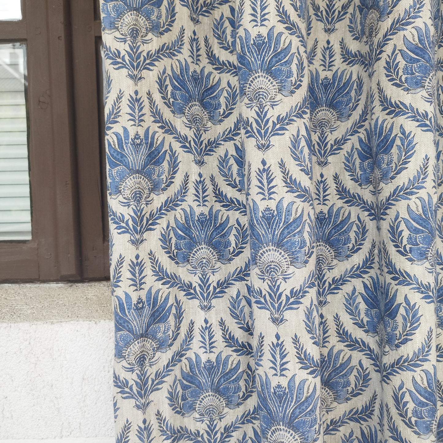 Curtains 100% Linen with French block print blue pattern PREWASHED. kitchen Living room farmhouse window panel in french linen