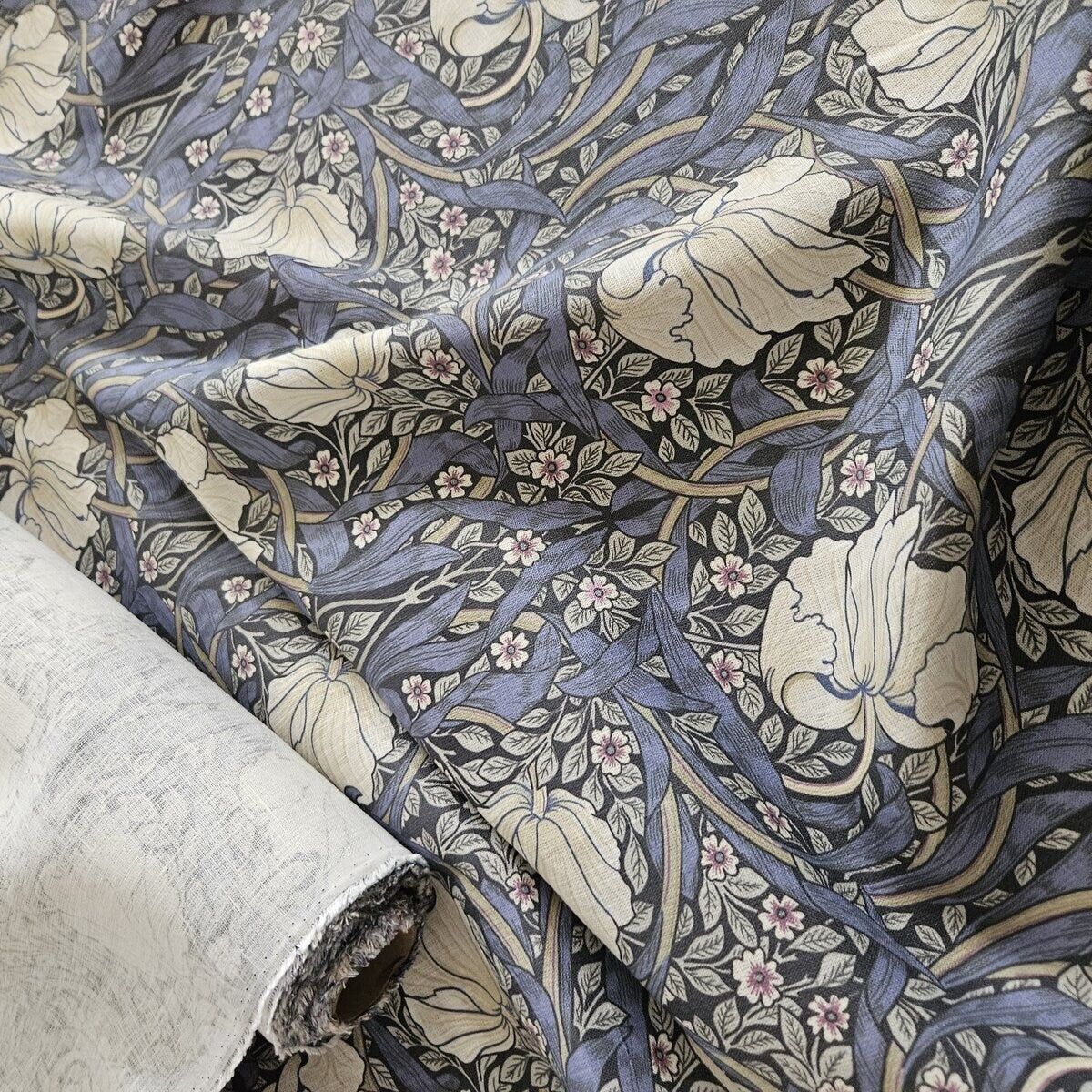 Linen curtains valance with tie up William Morris Pimpernel, farmhouse kitchen curtains in natural, door curtains with ties in custom size