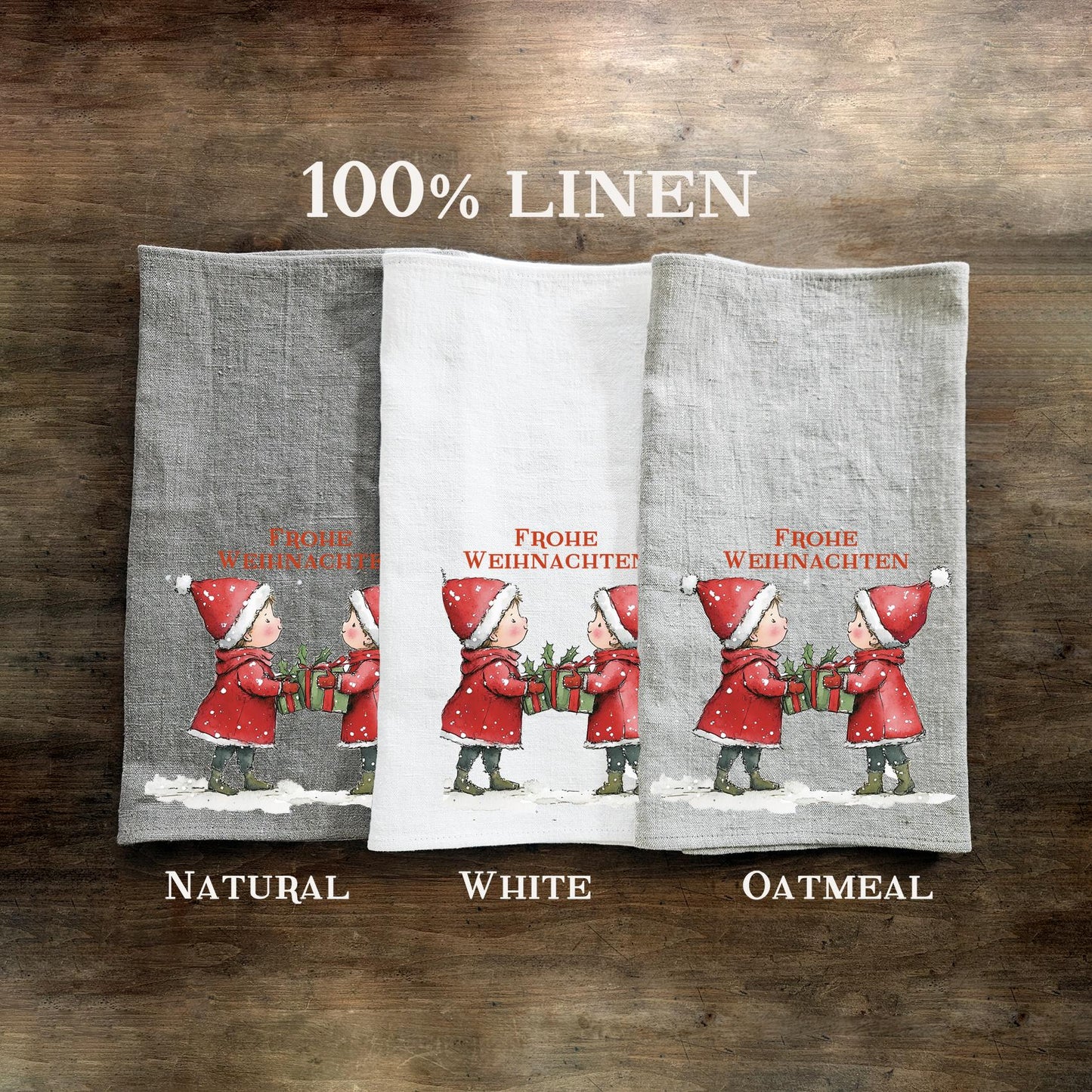 Christmas elf Tea Towel in linen, Hand Towels Tea in linen Dish Holiday Kitchen Feliz Navidad Frohe Weinachten Merry Christmas