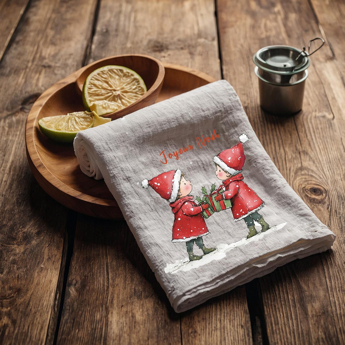 Christmas elf Tea Towel in linen, Hand Towels Tea in linen Dish Holiday Kitchen Feliz Navidad Frohe Weinachten Merry Christmas