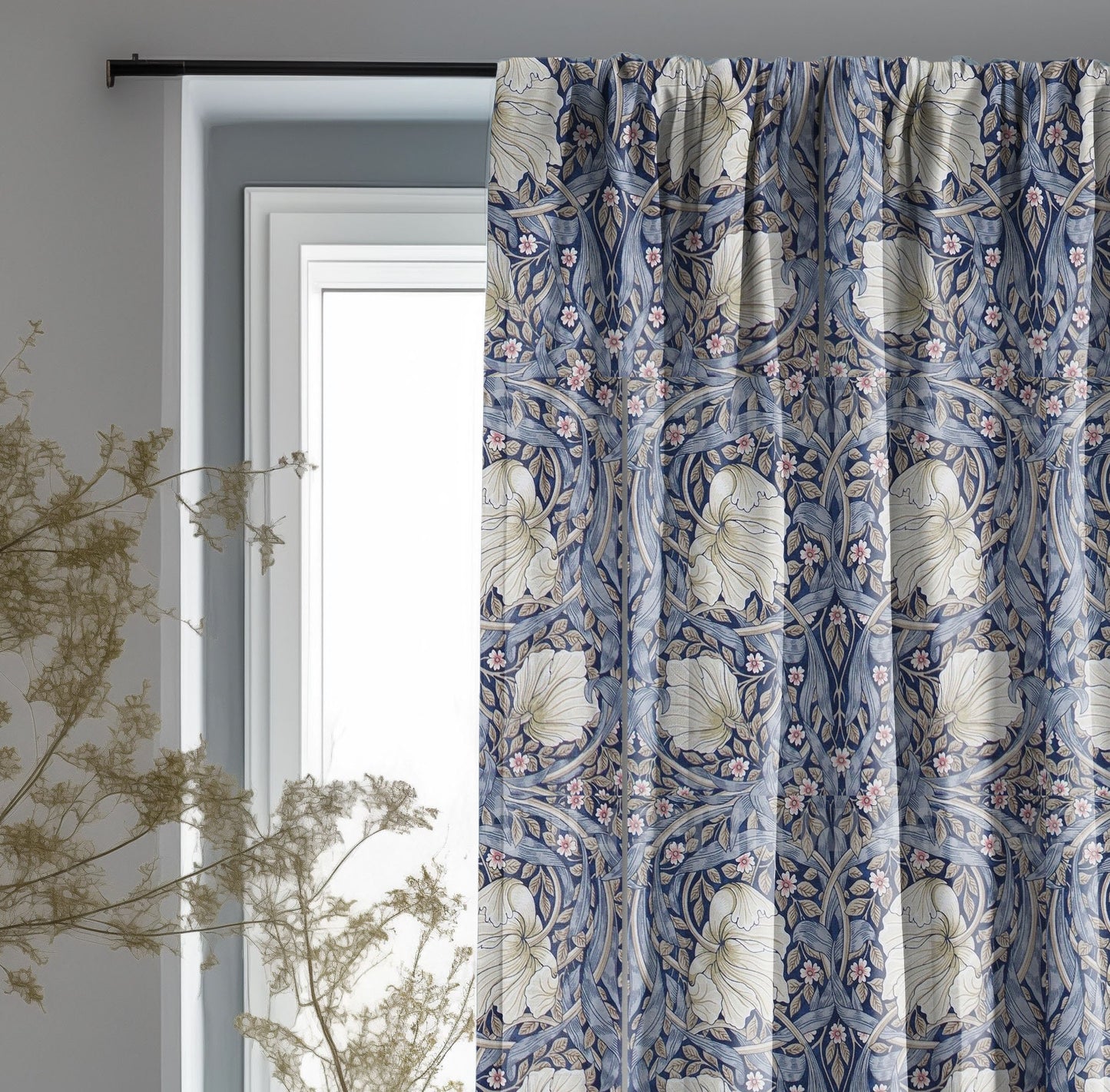 William Morris Curtain Panel Strawberry Thief, Floral with birds and strawberries Print Pattern Curtain Panels, Curtains for living room