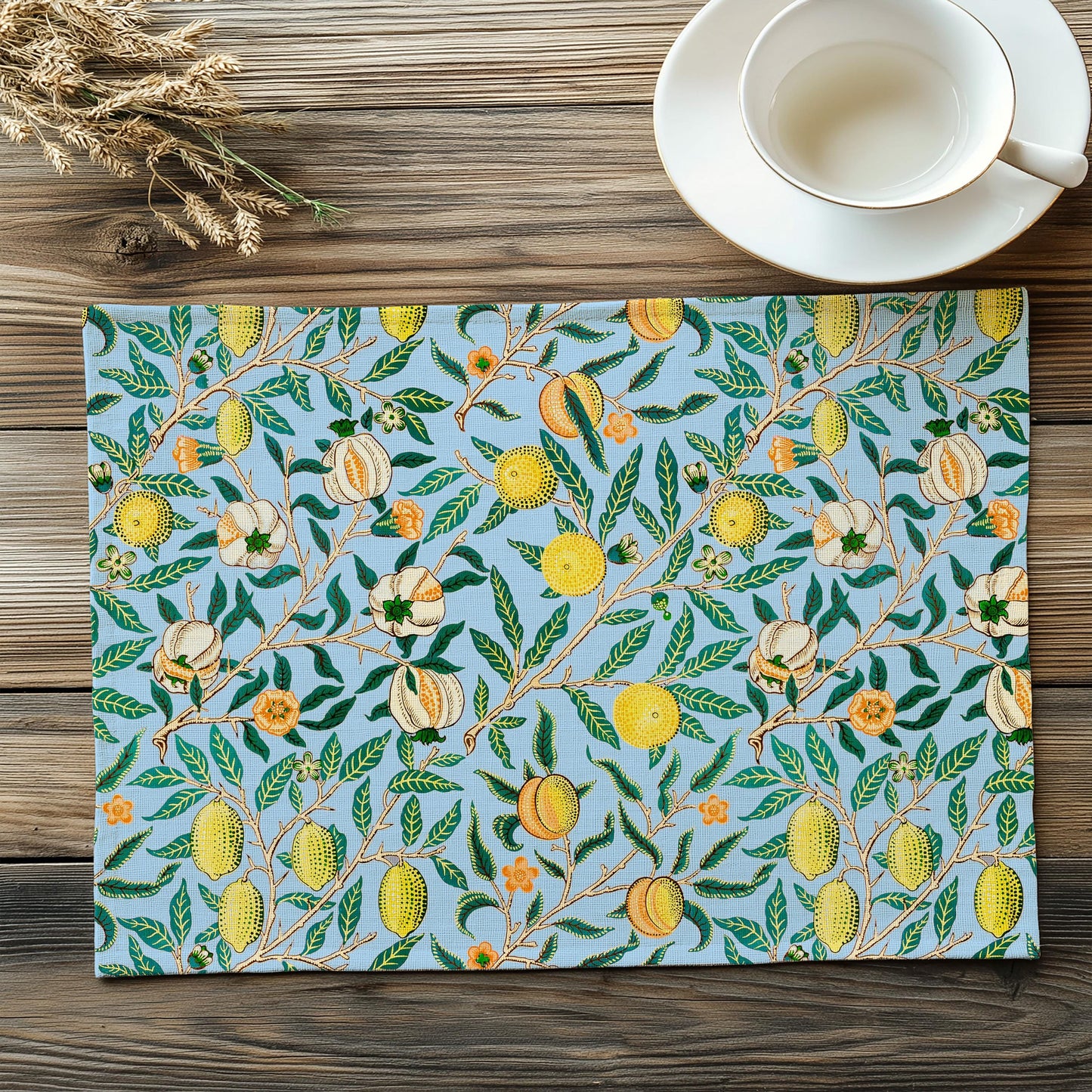 Linen placemat or tablecloth William Morris Pomegranate print in blue - Victorian table cloth Bohemian on natural linen with floral print