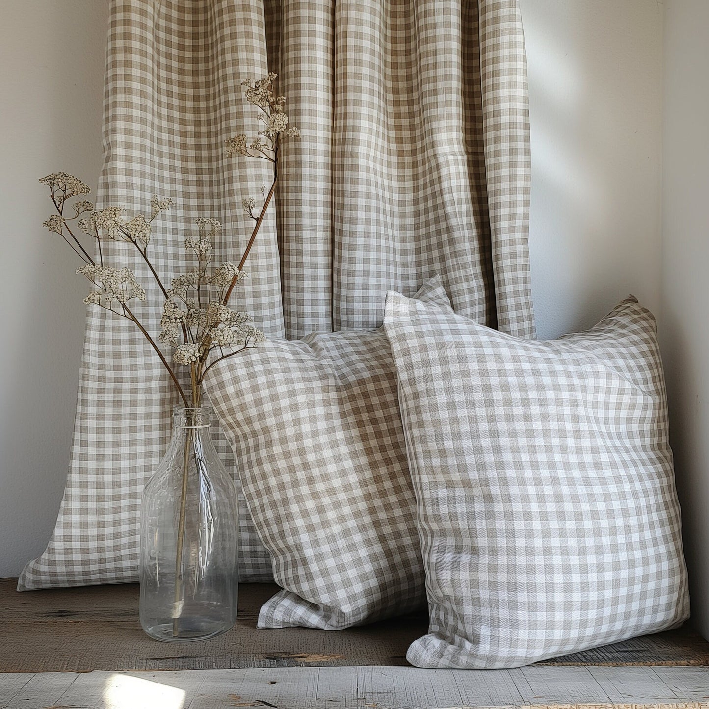 Check linen pillowcase in custom size pillow cover. French linen Vintage Cottage Farmhouse style pillow cover