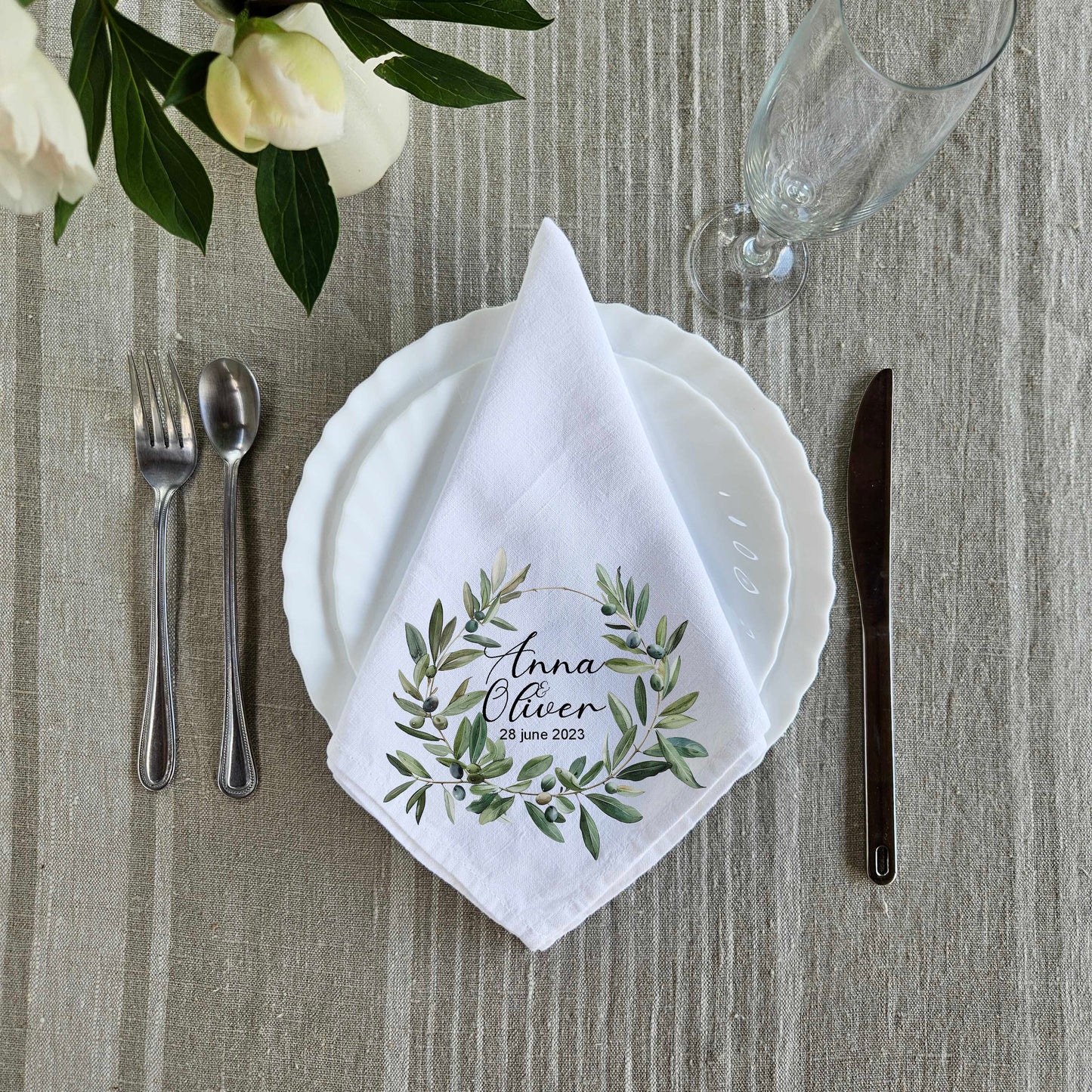 Custom Design White Cloth Cocktail Napkins with lemon wreath, luxury weddings menu napkins in linen, Custom Names Napkins
