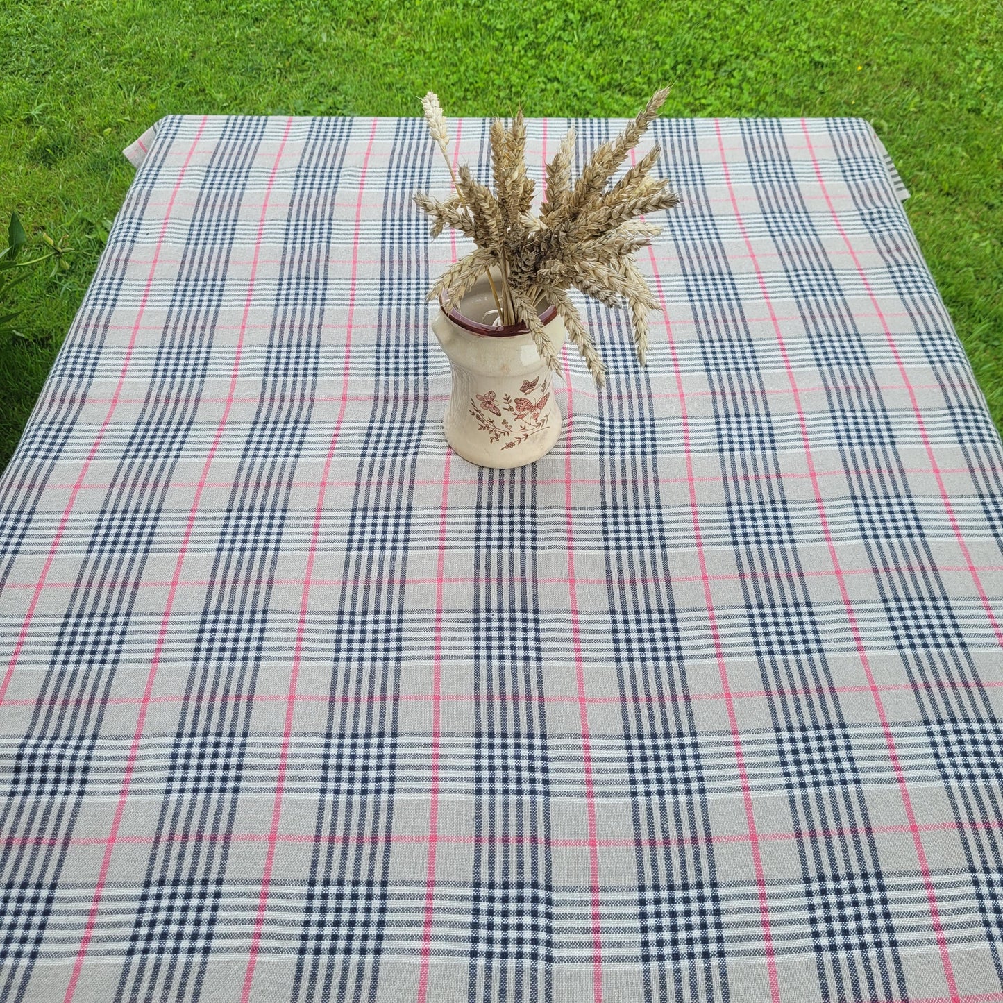 Heavy linen tablecloth for dinning table in gingham check, designer linen table cloth Retangle Square or Round in navy blue or other colors
