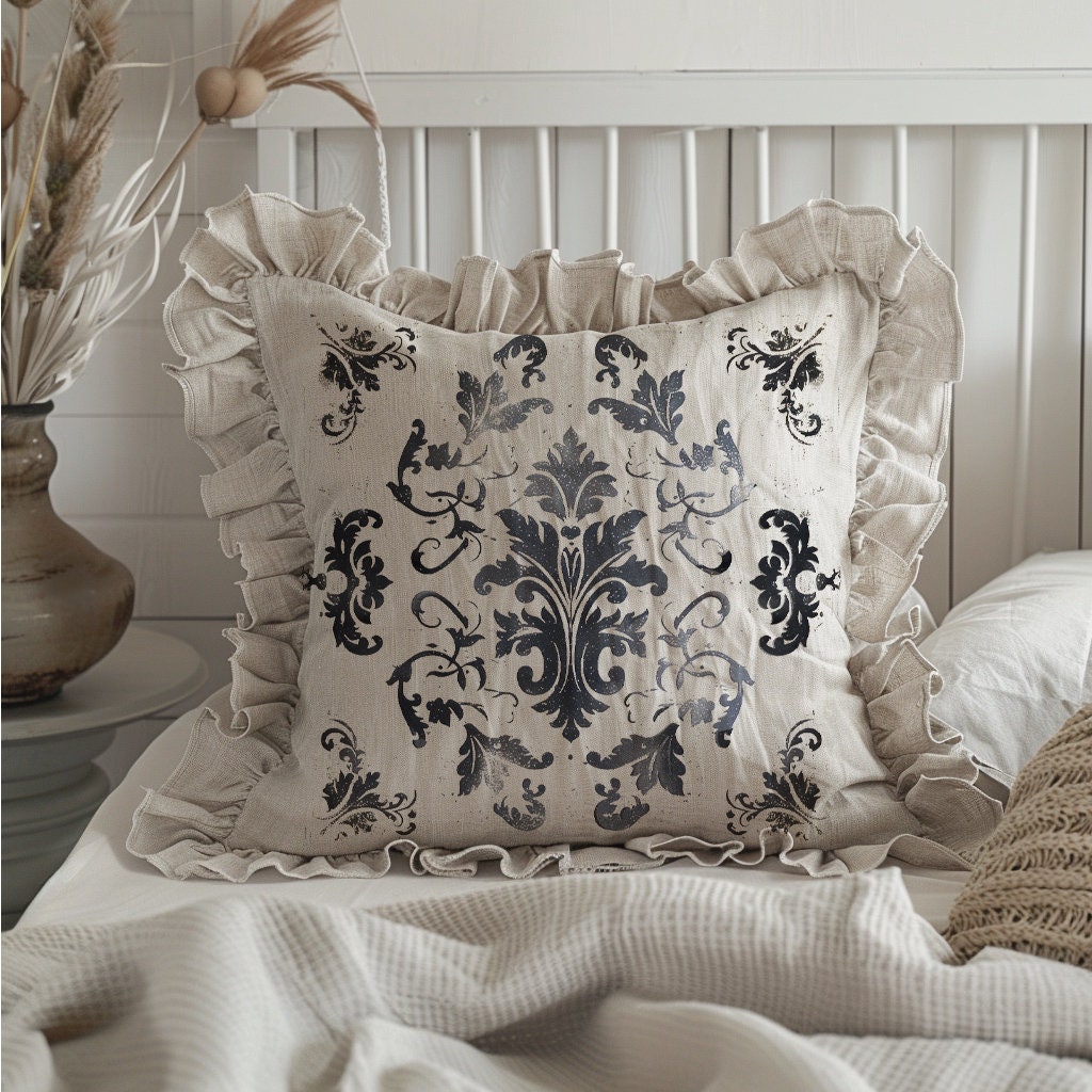 Shabby Floral Ruffle Linen Pillow Cover, French Provence Country Neutral Beige Cushion, French Antiques Harmhouse Cottage Chic Swedish